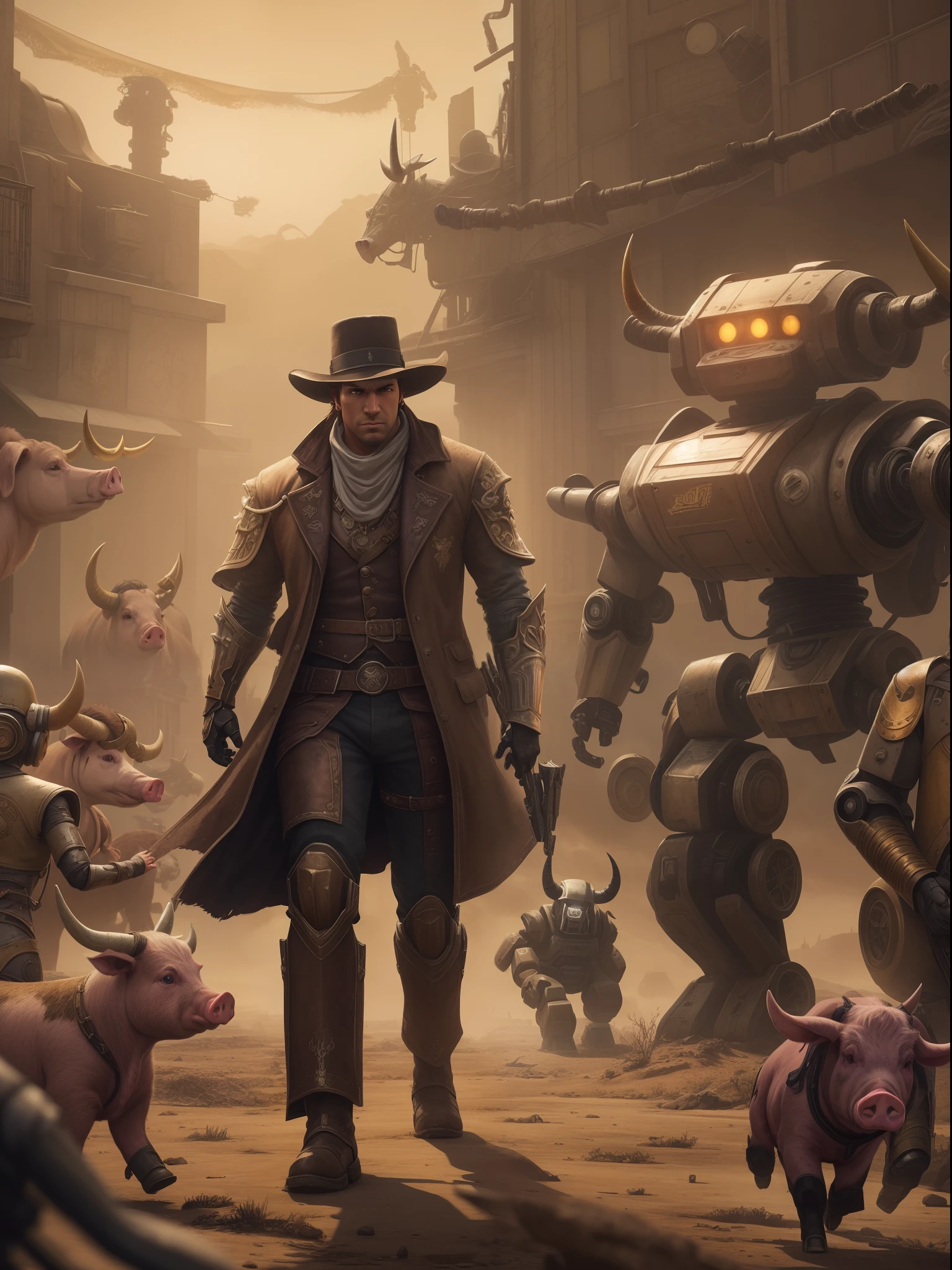 arafed image of a man and a woman walking in front of a group of robots, grimdark steampunk fantasy, ps 4 in - game cinematic, character with a hat, a horned, wasteland, official splash art, “pig, the gunslinger, gray wasteland, swarm, heavy white and golden armor, sepia, official artwork, ox
