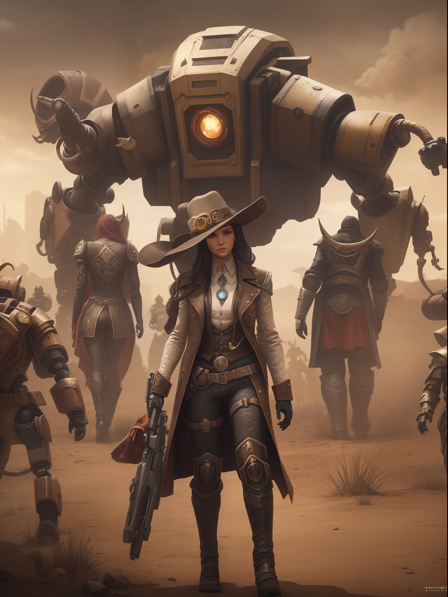 arafed image of a man and a woman walking in front of a group of robots, grimdark steampunk fantasy, ps 4 in - game cinematic, character with a hat, a horned, wasteland, official splash art, “pig, the gunslinger, gray wasteland, swarm, heavy white and golden armor, sepia, official artwork, ox