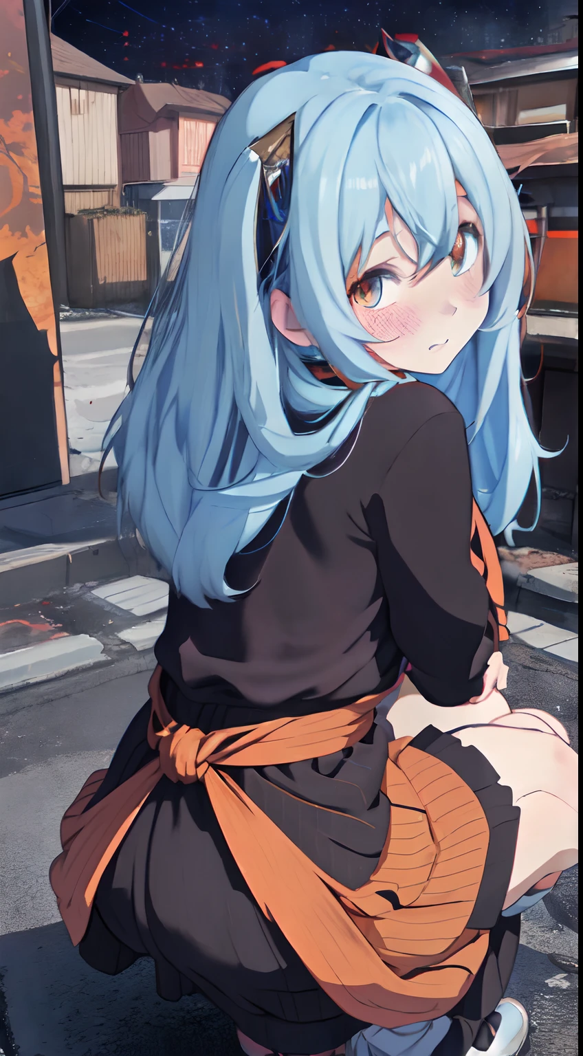 fluffy hair,lightblue hair,Orange Eyes,all-fours,stick out buttocks,Clothes with long sleeves that look warm,red tide,Look back in embarrassment,Happy face,Antique cityscape,Autumn outfit,oversize clothes,long skirt in dark colors,,,Loose socks,Angle from behind