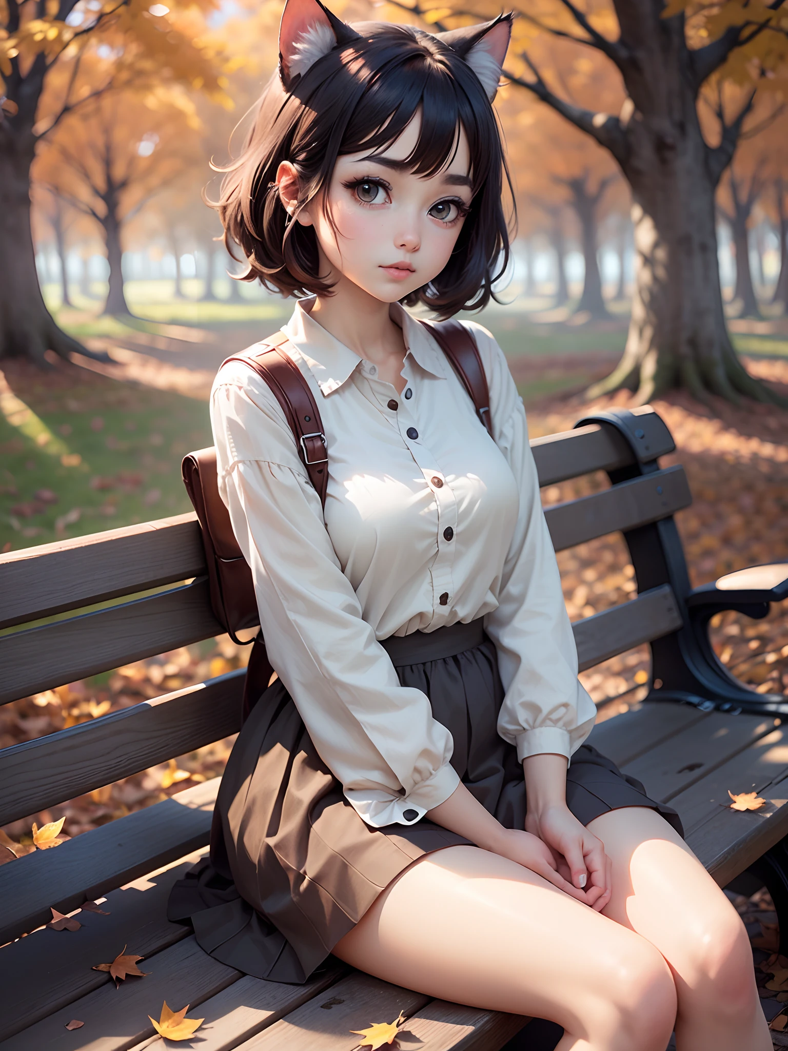 (cute anime style), (solo:1.3) adorable spotted kitten realstic  look , indain girl (vivid big eyes) (sitting on a bench) (((looking at the viewer))), (breathtaking autumn), falling leaves, masterpiece, 4k, highly detailed   - --auto --s2