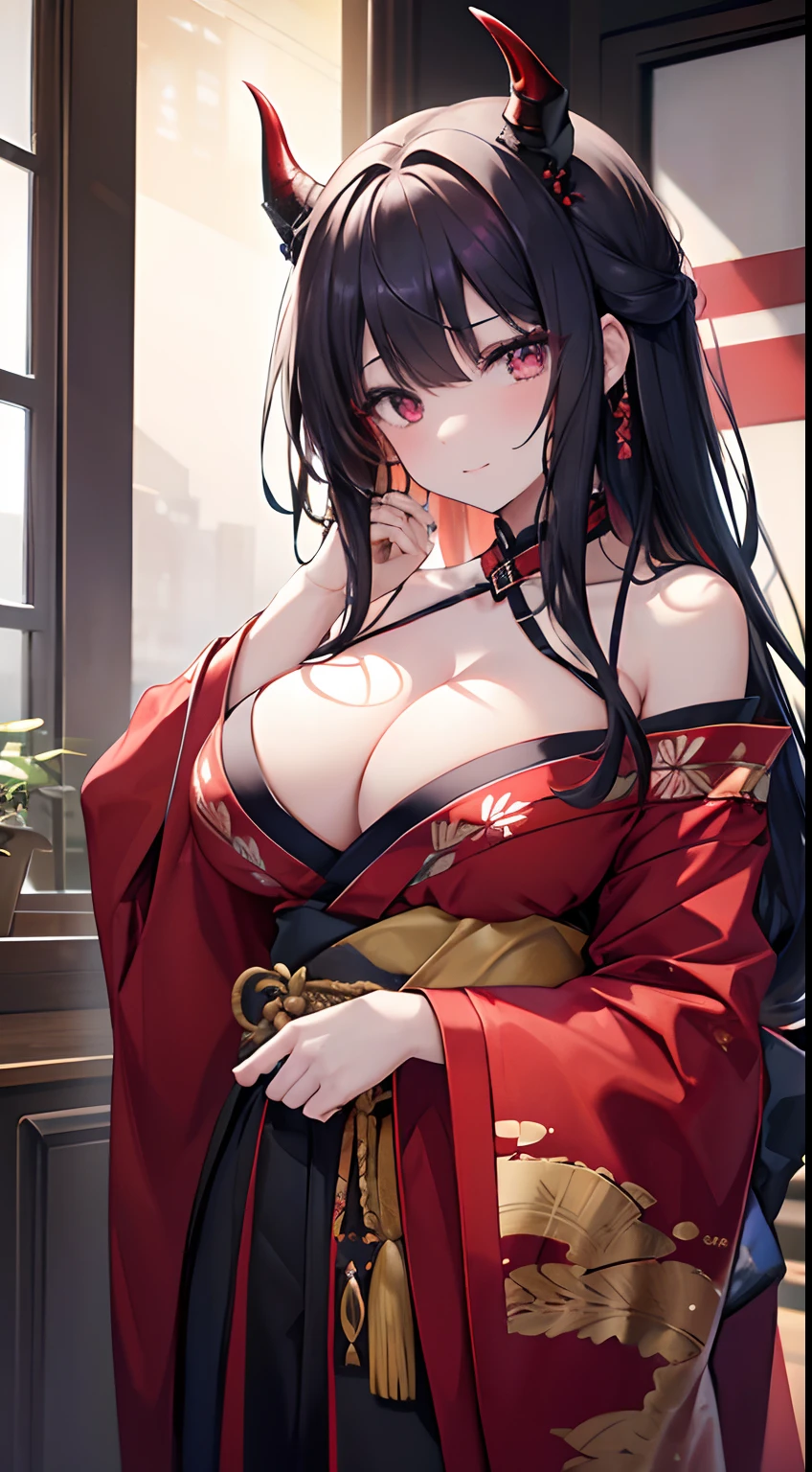8K, top-quality, Real Image, intricate detailes, The ultra-detailliert, 超A high resolution, Depth Field,(Photorealsitic,realisitic:1.2),masterpiece, 0.25 :: a closeup , straight-on shot , from miiddle , 1girl in, AI_chan, an extremely beautiful -yeld gi sharp eye,Demon Horns , ,(bangss),Disheveled black hair,Scarlet and Golden Odd Eye, perfect glossy skin, flawless skin, fair white skin, , cleavage of the breast, narrow waists, thin blush, 独奏, looking at the viewers, Archaic Smile, The Perfect Five Fingers, large boob、Functional、Red glamorous kimono、fullmoon、、、