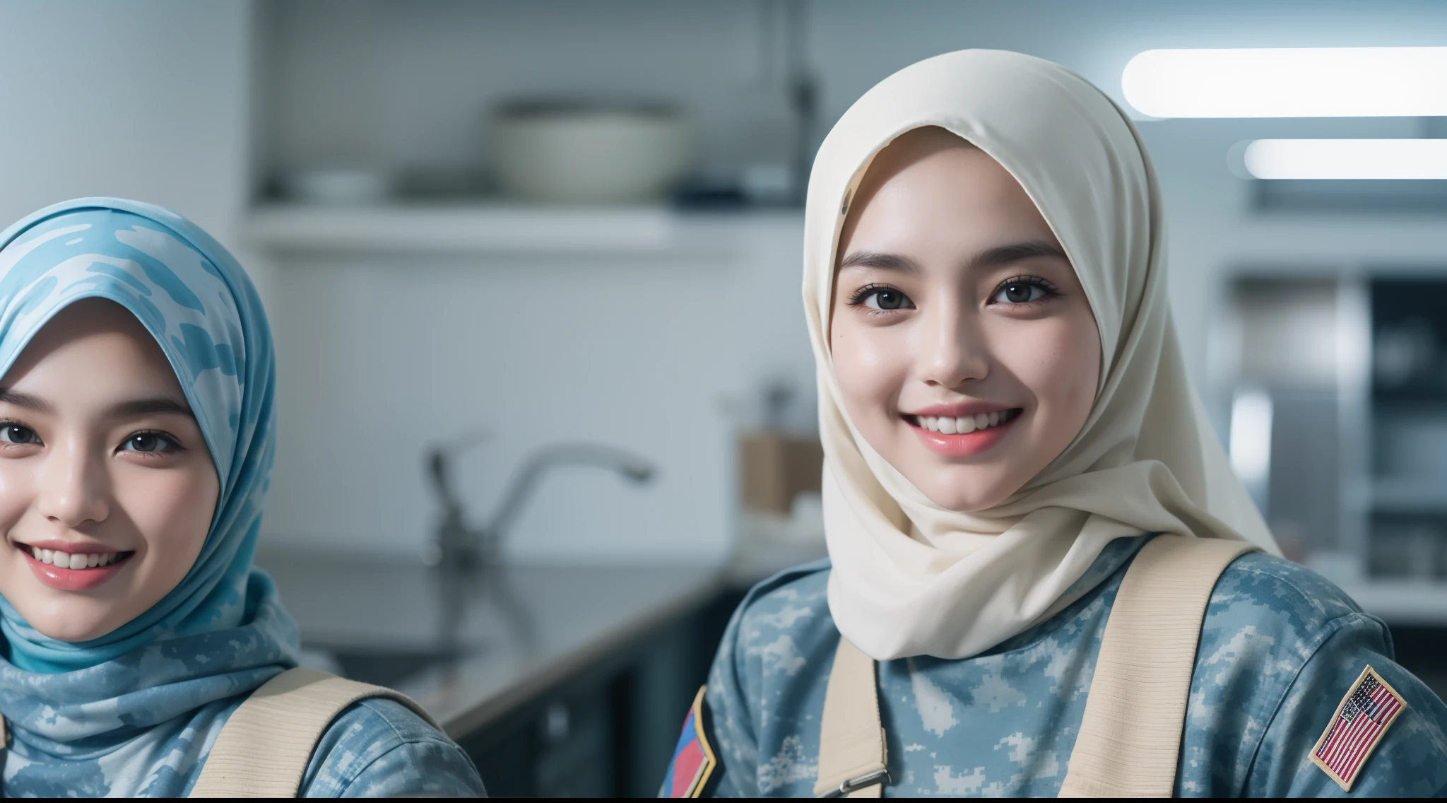 4 beautiful malay girl in hijab taking picture in modern kitchen, wear blue digital camouflage military uniform, blue military uniform, army cadet, blue digital camouflage, friendly and laughing situation, laughing, happy, detailed skin texture, soft lighting, high quality, movie shot framing, ultra detail, 8k, style raw, cool color grading, Super 8mm lense, Establishing shot, Deep Focus cinematography effect,