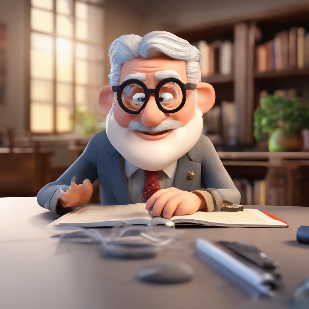 Crie um cartaz inspirado na Disney Pixar com o personagem sendo o pastor Rubens Janier, A gray-haired man wearing glasses, in an office with a Bible on the table