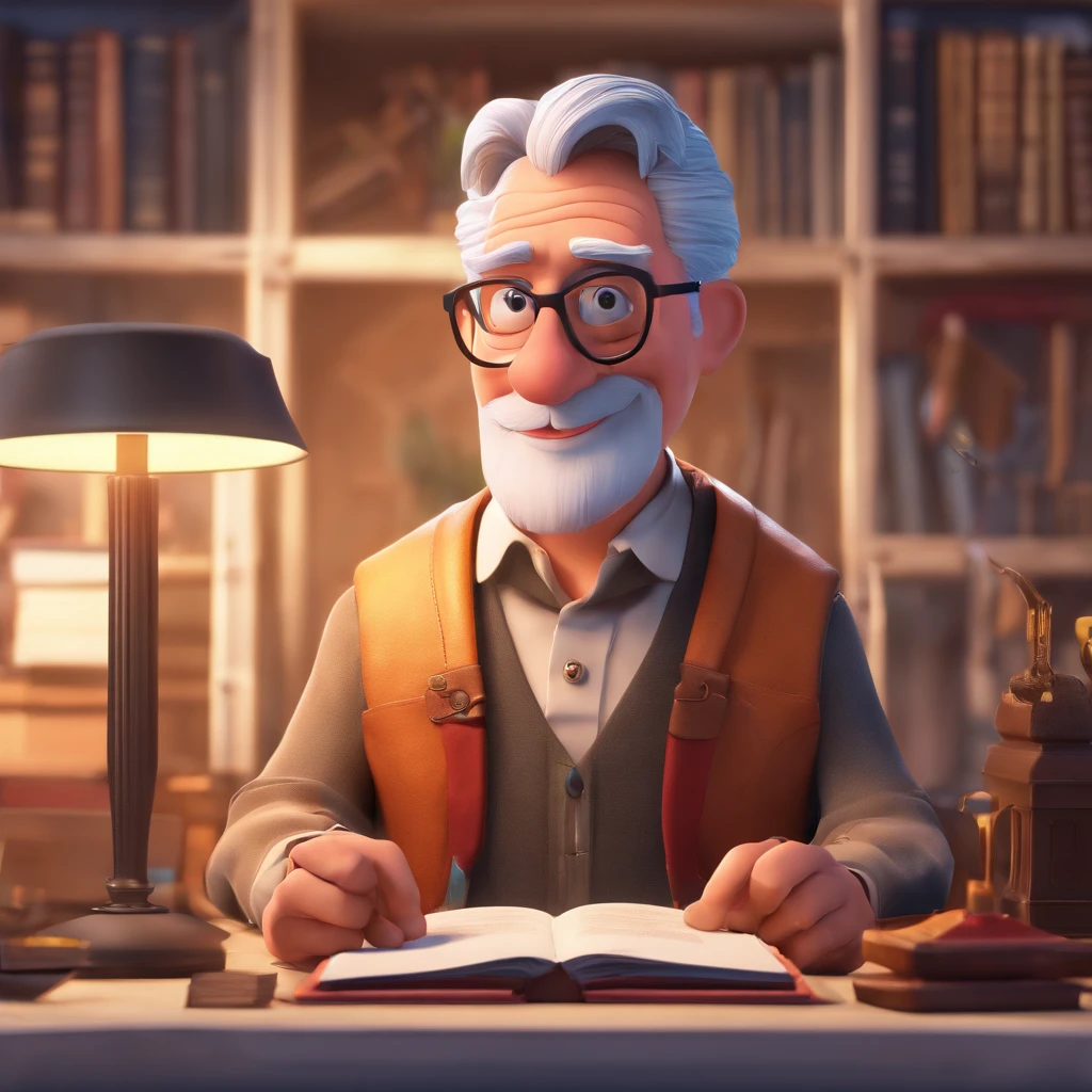 Crie um cartaz inspirado na Disney Pixar com o personagem sendo o pastor Rubens Janier, A gray-haired man wearing glasses, in an office with a Bible on the table