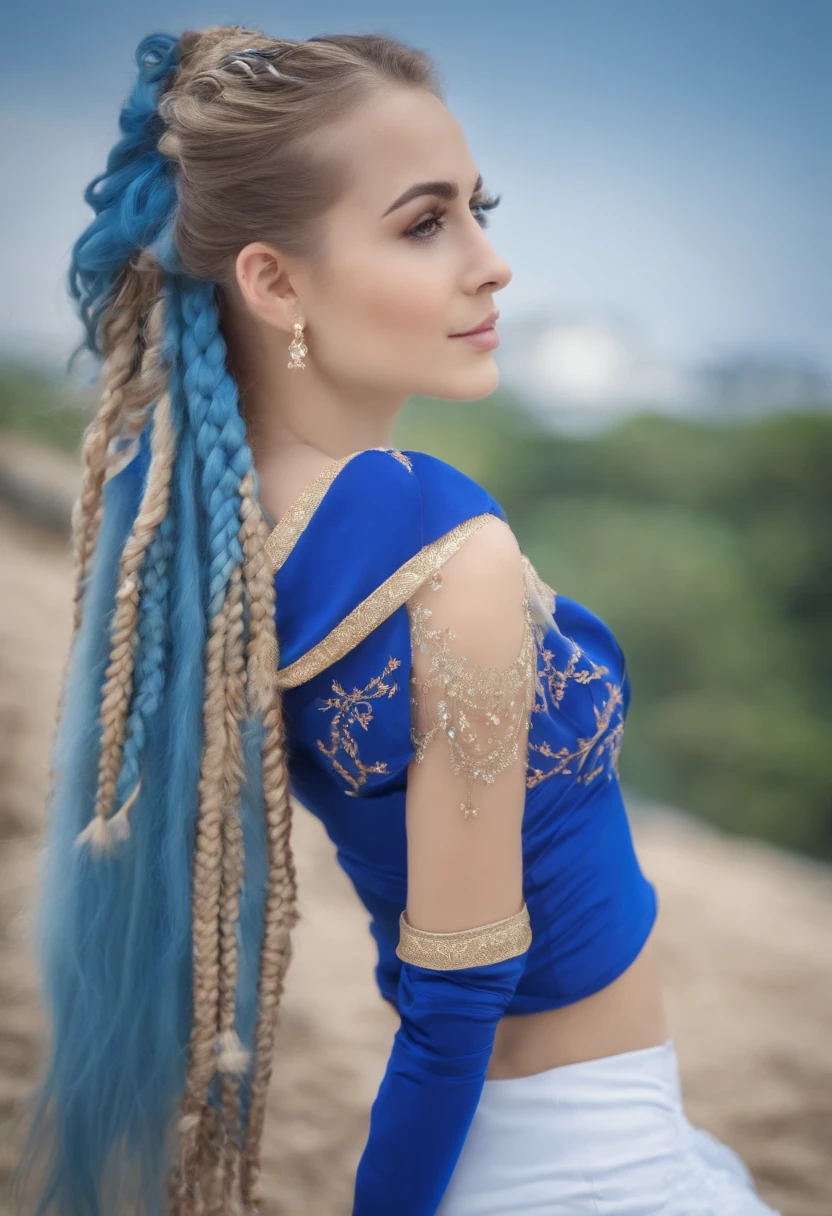 1girl, adolescente, (orelhas de animais), Em linha reta, corpo inteiro, Olhando para o Viewer, cabelo entre os olhos, ornamento de cabelo, cabelos multicoloridos, twin braids, Rabo de Raposa, (Multiple Tails:1.3), distintivo, franja, (Blue baseball cap:1.2), Escrita de roupas, roupas brancas, Hood, hood down, Standing, mangas compridas, boca fechada, (saia azul:1.05), sozinho, (Blush claro:0.9), bare tree, Building, cidade, Cityscape, dia, ao ar livre,  Rua, tokyolagii (cidade), tree