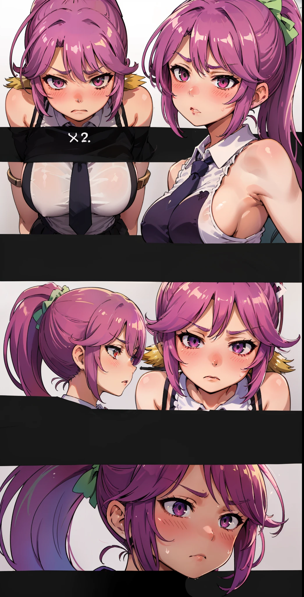 Jibril, (standing), blushed, perfect anatomy, detailed eyes, detailed lips, extremely detailed eyes and face, vivid colors, sharp focus, masterpiece:1.2, ultra-detailed, blushed, ((doggystyle)), (solo), ((tie)), sleeveless, ((((ponytail)))), (((disdain, disgust))), story, (((charecter sheet))).