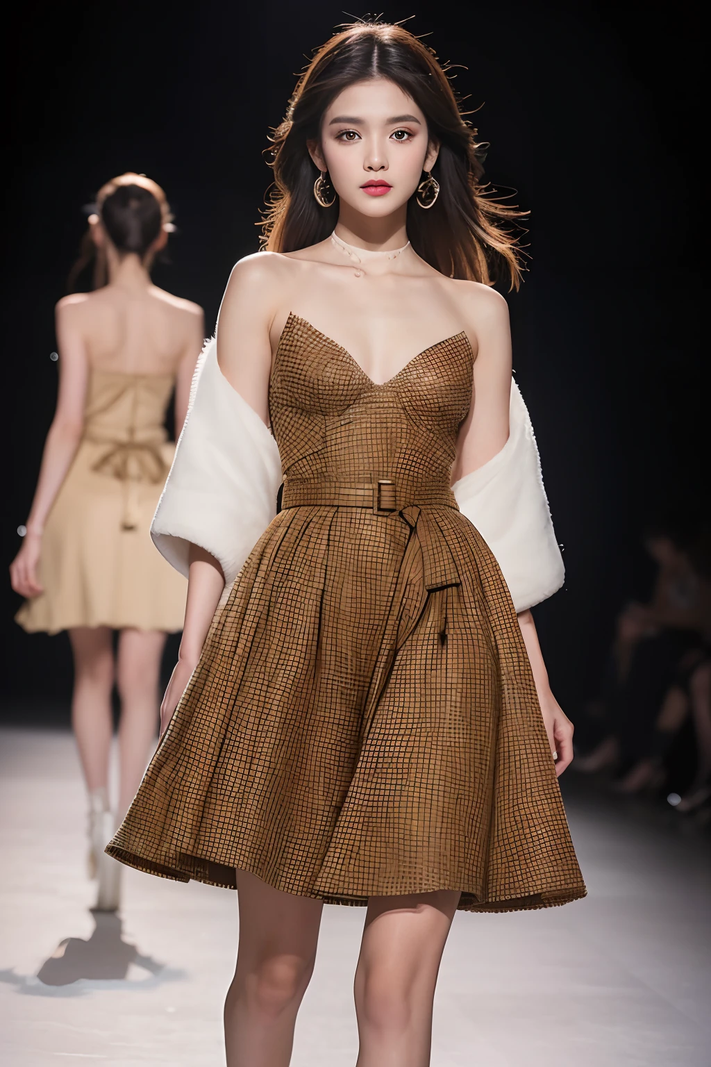 (Best quality,4K,8K,A high resolution,Masterpiece:1.2),Ultra-detailed,Realistic:1.37],Fashion model,Fashion show，Dynamic capture,high-definition photography,running track,backstage,Glamorous makeup,tempting pose,Wheat complexion，Flawless complexion,Catwalk,Professional lighting,Vibrant colors,Trendy series,,Trend-setting style,Stunning visuals,Impeccable fashion，Fashion-forward,Exquisite accessories,Profesional photogarpher,Famous designer,fashion hair,Amazing performance,Photogenic