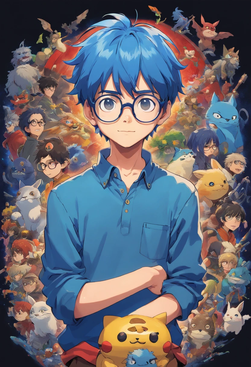 boy,with glasses,dark background,blue hair,crazy gamer