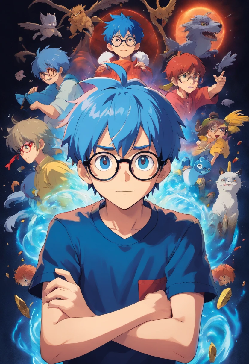 boy,with glasses,dark background,blue hair,crazy gamer