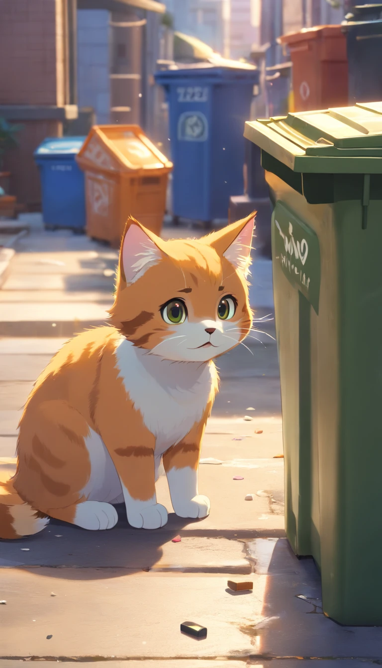 A cute little cat searching in a trash bin, looking adorable and amusing, with Pixar-style eyes, made of tiny magnetic cores, inspired by the essence of nature. (best quality, 4k, highres, masterpiece:1.2), ultra-detailed, (realistic, photorealistic, photo-realistic:1.37), lovable subject, tiny magnetic cores material, nature-inspired, amusing scene, adorable eyes, cute pet, trash bin search, Pixar-style eyes.