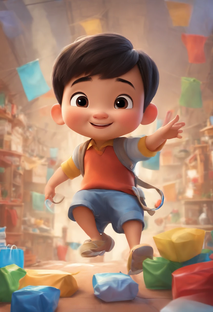 Please draw me an image of a Asian Chinese boy doing a design,Full body like,Jumping action,Holding painting tools in hand,Colorful plastic bags on the background,pixar-style,adolable,Happy expression,The action is lively,3Drenderingof,Thick coating,extreme hight detail,HD8K,Fine portrayal