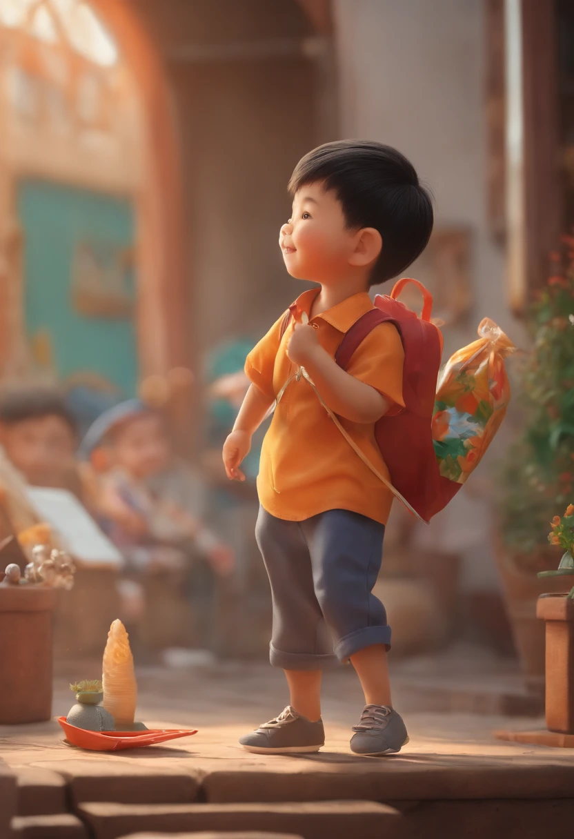 Please draw me an image of a Asian Chinese boy doing a design,Full body like,Jumping action,Holding painting tools in hand,Colorful plastic bags on the background,pixar-style,adolable,Happy expression,The action is lively,3Drenderingof,Thick coating,extreme hight detail,HD8K,Fine portrayal