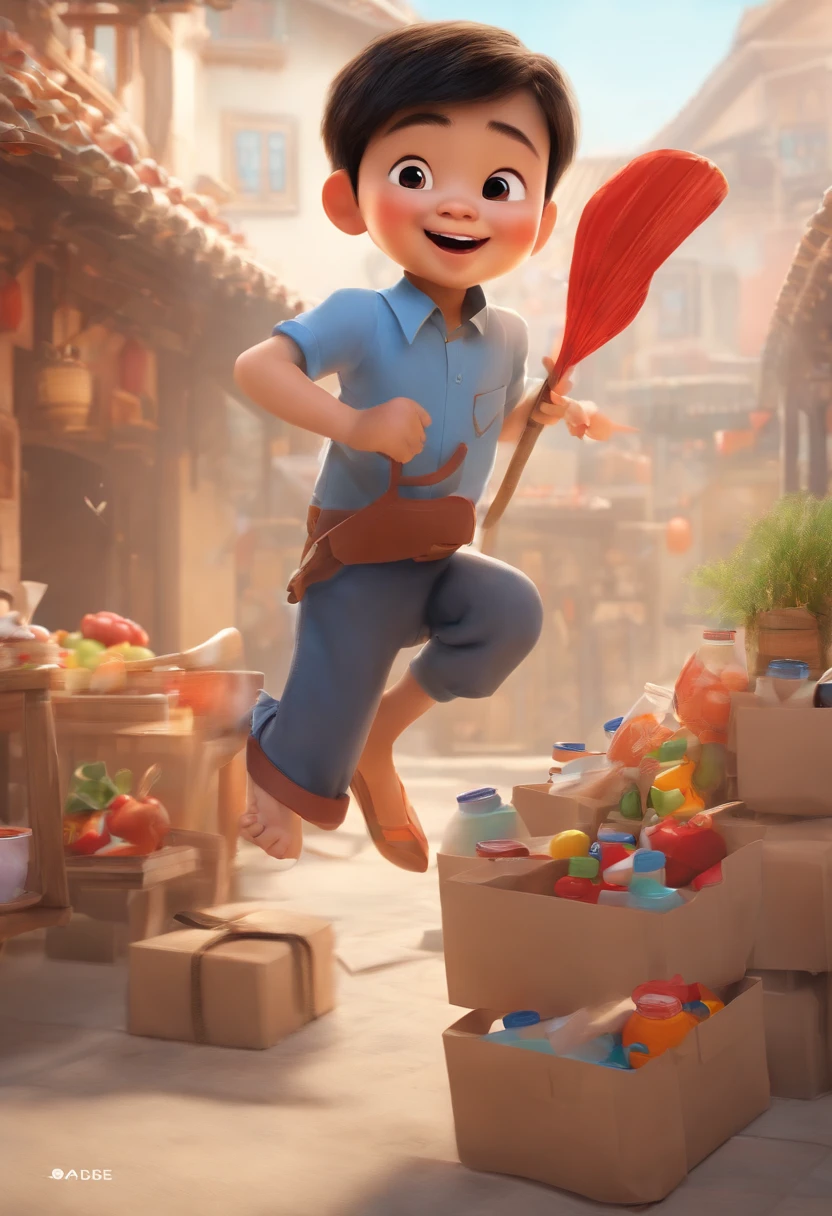 Please draw me an image of a  Asian Chinese boy doing a design，Full body like，Jumping action，Holding painting tools in hand，Colorful plastic bags on the background，pixar-style，adolable，Happy expression，The action is lively，3Drenderingof，Thick coating，extreme hight detail，HD8K，Fine portrayal