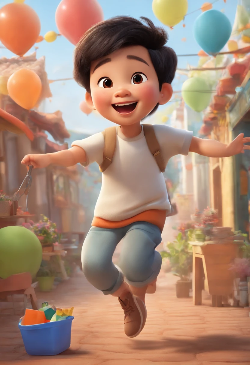 Please draw me an image of a little Asian Chinese boy doing a design,Full body like,Jumping action,Holding painting tools in hand,Colorful plastic bags on the background,pixar-style,adolable,Happy expression,The action is lively,3Drenderingof,Thick coating,extreme hight detail,HD8K,Fine portrayal