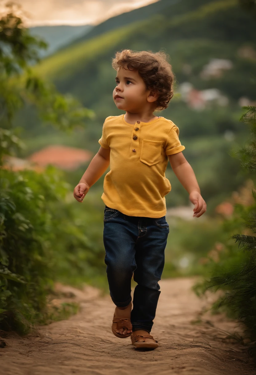 : Miguel, aproximadamente 5 anos de idade, cabelo curto estilo Disney, olhos castanhos e sorrisos. garota: Giovana, 2 anos, longos cabelos pretos e olhos azuis. scenecy: Miguel and Giovana are in a cozy little house in the valley, ao fundo um dia ensolarado, Destacando o Sol.