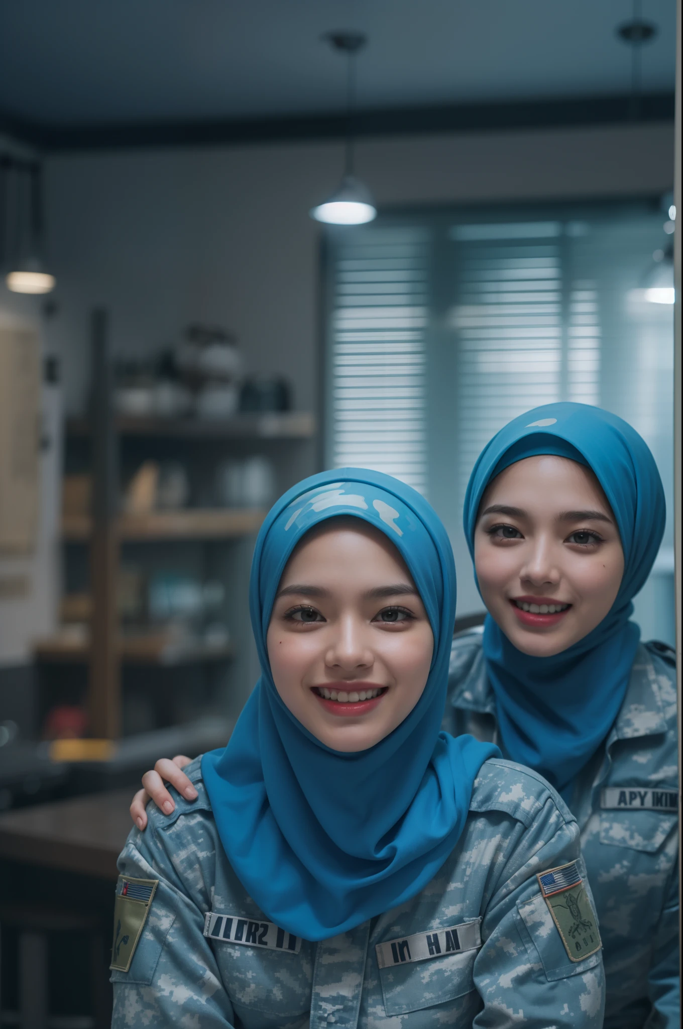 4 beautiful malay girl in hijab taking picture in modern kitchen, wear bright blue digital camouflage military uniform, bright blue military uniform, army cadet, blue digital camouflage, friendly and laughing situation, laughing, happy, detailed skin texture, soft lighting, high quality, movie shot framing, ultra detail, 8k, style raw, cool color grading, Super 8mm lense, Establishing shot, Deep Focus cinematography effect,