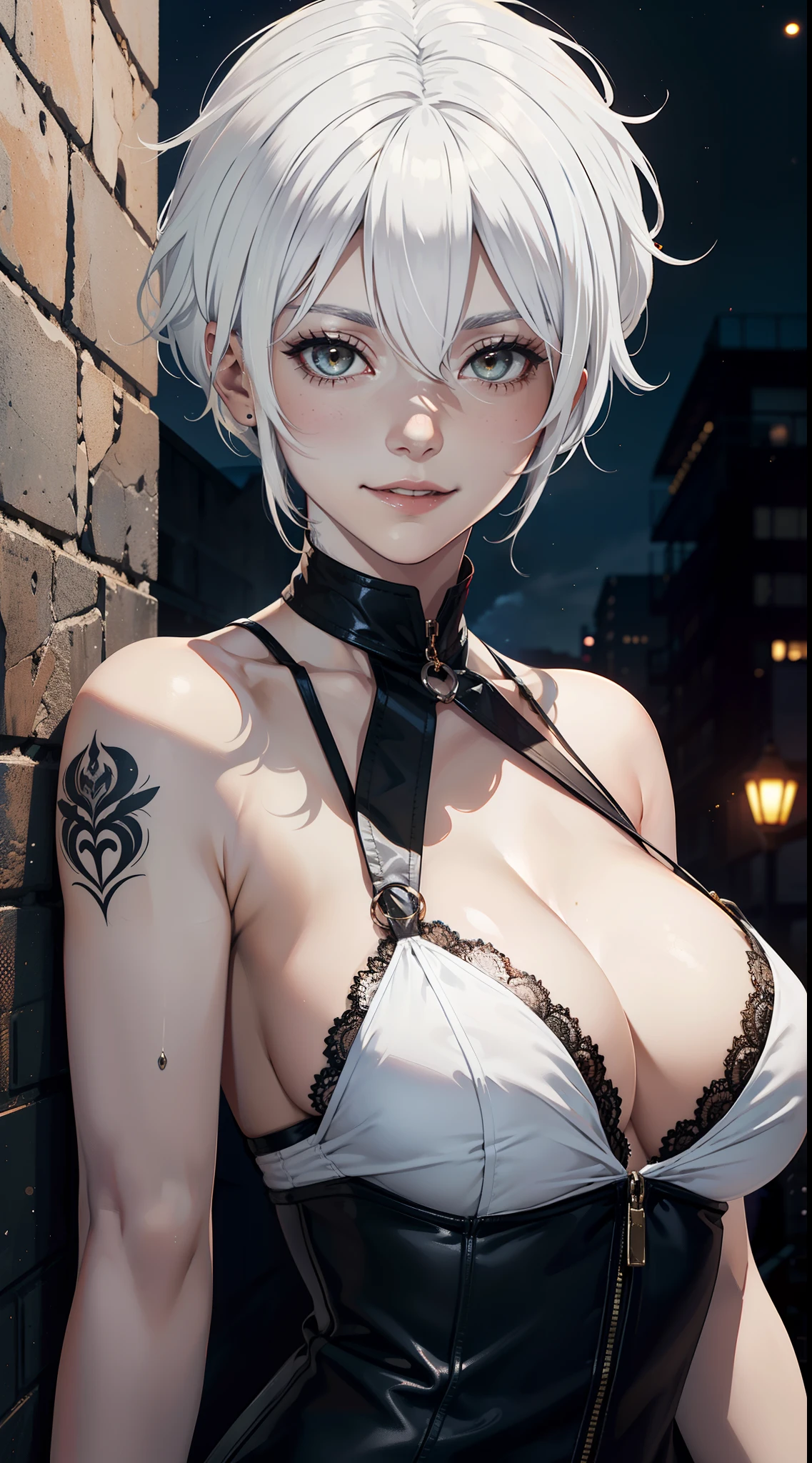 mature woman ,sexy, night, smile, looking at viewer,(tomboy:1.5), dynamic pose, large breasts, (white hair:1.8), upper body, cleavage, arm tattoo