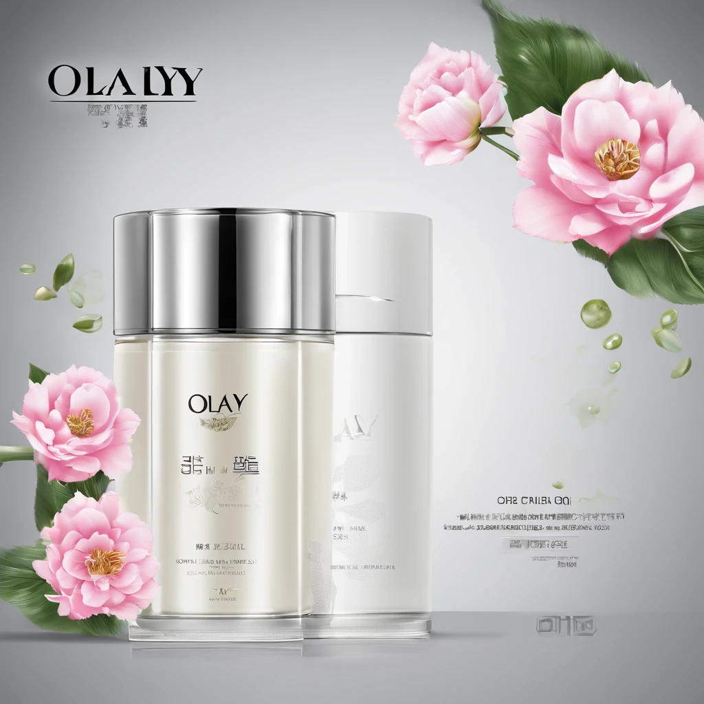 Simple graphic design，About a cosmetic product，White as the base，Flower embellishment，The content needs to be simple，This cosmetic is a body lotion from the Chinese brand OLAY