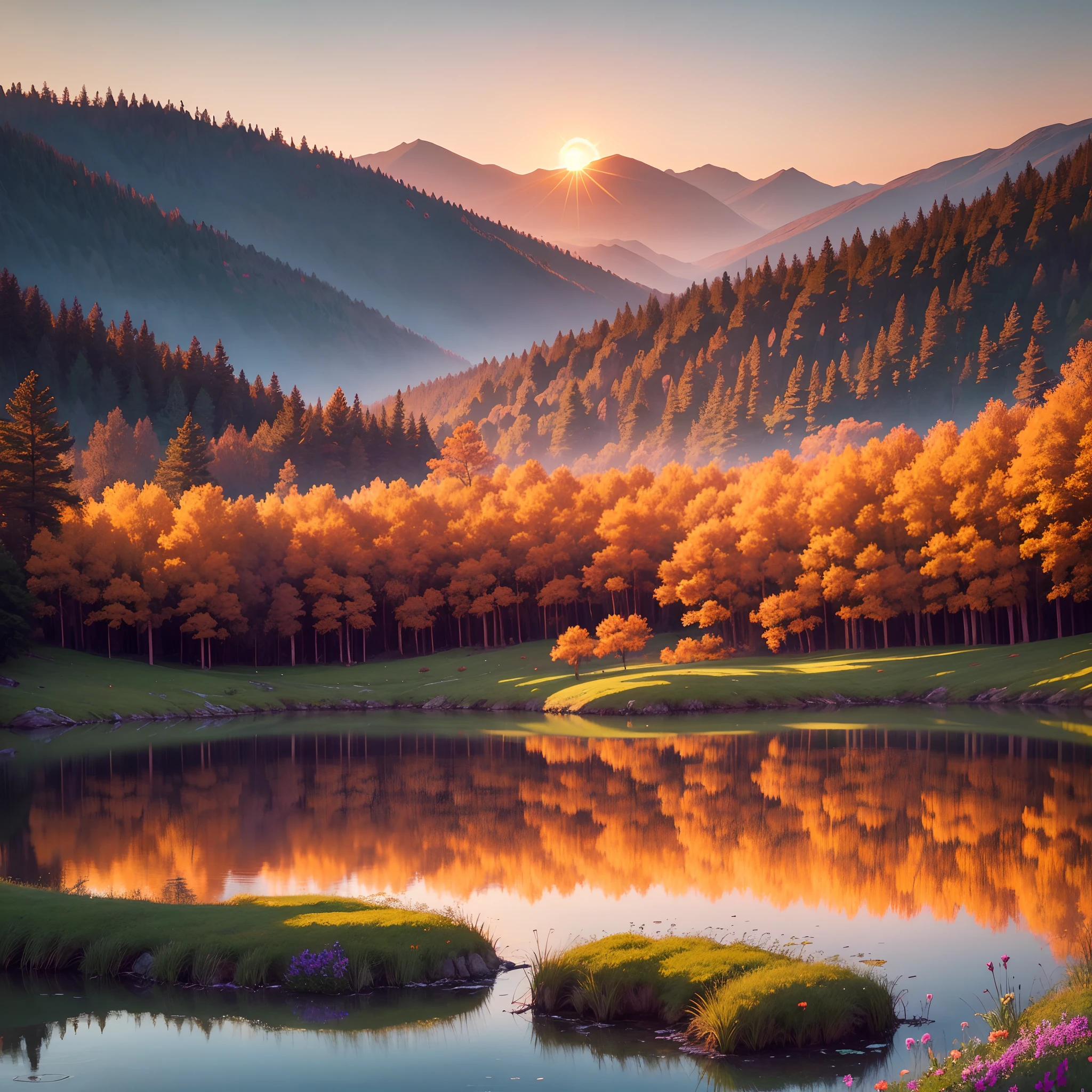 "Generate a stunning and serene landscape that features a picturesque sunset over a calm, crystal-clear lake surrounded by lush, rolling hills and colorful wildflowers. The scene should evoke a sense of tranquility and natural beauty, with the warm hues of the setting sun reflecting off the water, and the sky painted in various shades of orange, pink, and purple."