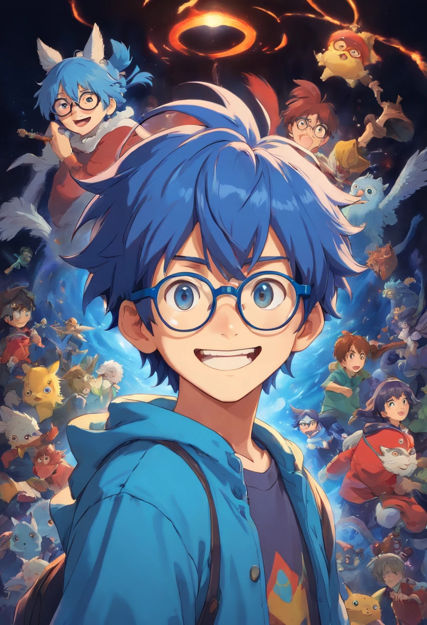 boy,with glasses,dark background,blue hair,crazy gamer,scared smile