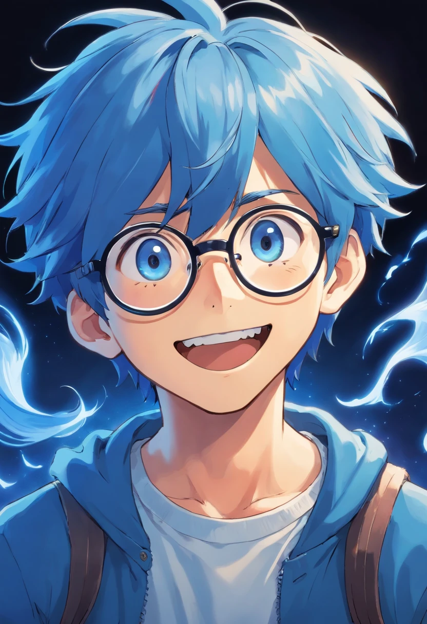 boy,with glasses,dark background,blue hair,crazy gamer,scared smile