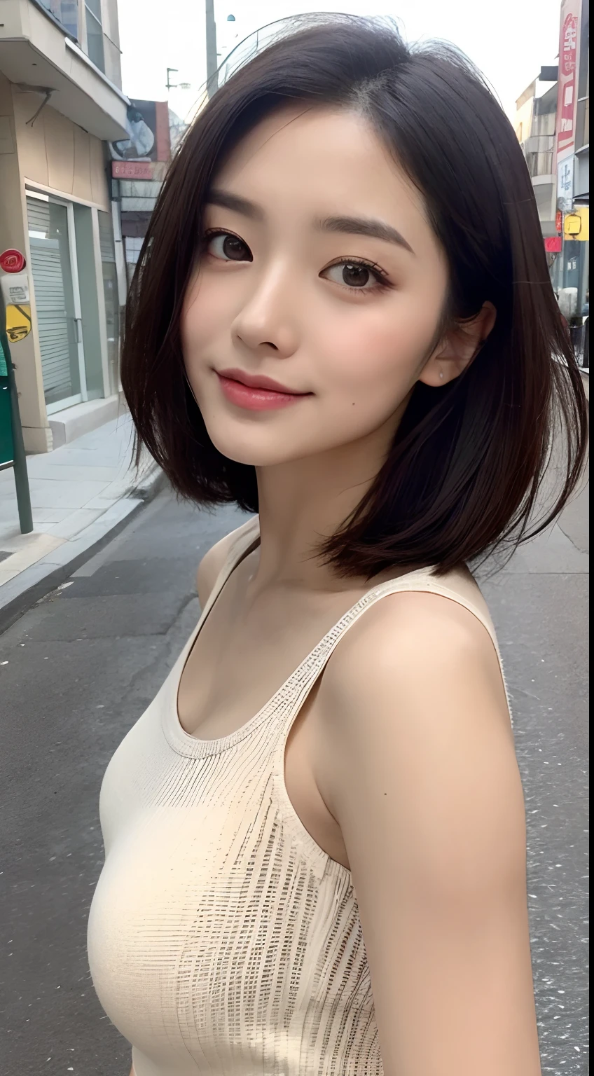 （（best qualtiy，8K，tmasterpiece：1.3）），Perfect beauty：1.4，glute：1.2，（Layered Hair Style：1.2）），（the street：1.3），Highly Detailed Face and Skin Textur，full bodyesbian，Elaborate Eyes，二重まぶた，Whitens the skin，Short wave hair，Cute Korean beauty（with a round face：1.5），（Black top，short  skirt：1.6）ssmile