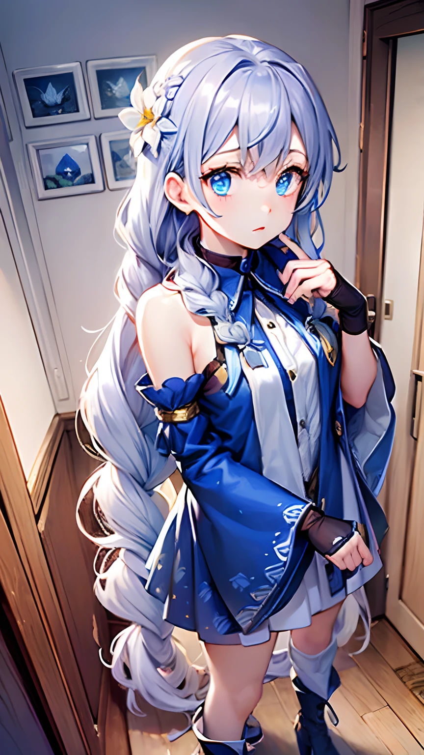 (down view),Dynamic Angle,Ultra-detailed, illustration, Close-up, straight on, 1girll, (fantasy:1.4), (azureblueeyes:1.233),Her eyes shone like dreamy stars,(Glowing eyes:1.233),(Beautiful and detailed eyes:1.1),(Silver hair:1.14),(Messy hair,Very long hair,french braid,hair between eye,side locks), (+(bule hair flower:1.14)),(Chiffon dress,bule flower pattern in uniform)/=(army suit:1.24),(Detached sleeves,Wide sleeves),(Fingerless gloves),choker necklace,(miko thighhighs),high heels boots,(Expressionless,Closed mouth),(standing), (Classical Princess Boudoir，Dressing tables and floor-to-ceiling windows in a white old palace),(White flowers,full bloom),(abyssal),(Flowing water),(a dull blue world tree:1.14),(废墟),(Night:1.2),Dreamy,soul,(Fluorescence),(flying translucent blue butterflies:1.15), [[Delicate fingers and hands:0.55]::0.85],(Detail fingers),(yubao:0.5),