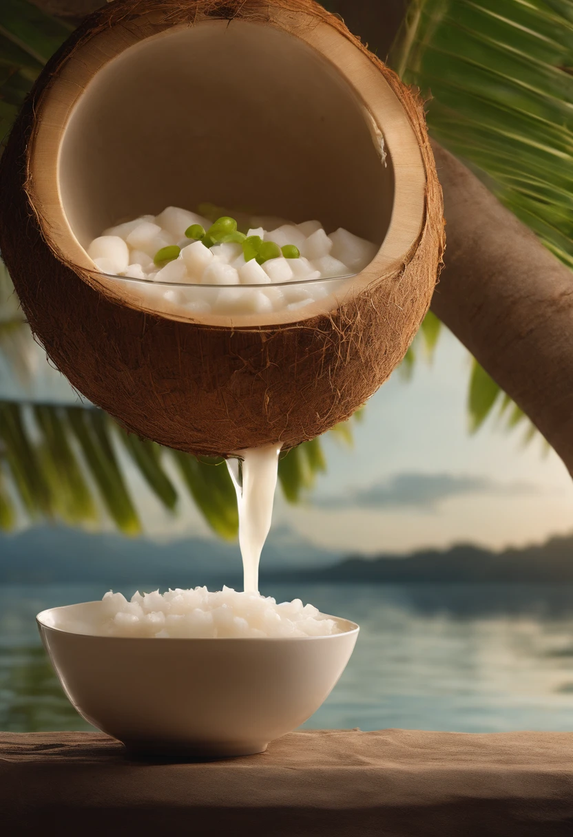 (best quality,4k,commercial photography:1.2),parallel horizon line,swallows,bird's nest soup,coconuts,coconut milk,poster,fresh style background,attractive,ultra-high definition,masterpiece,romanticism,minimalism,close-up,8K,accurate,ultra-detailed,ultra-clear