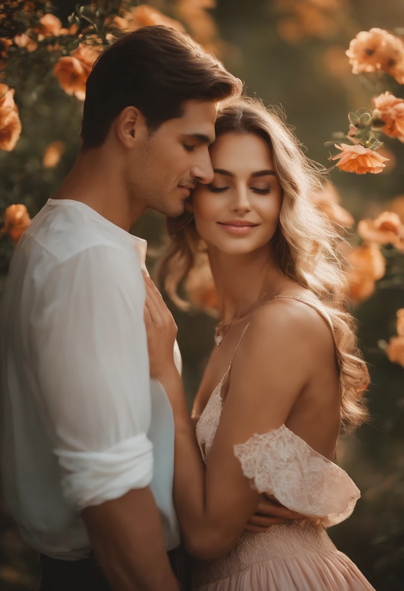 (prompt) (photographie de couple),(Realistic style),(homme et femme),(relation amoureuse),(expression de tendresse),(sincere emotion),(Romantic decoration),(natural beauty),(softlighting),(fond artistique),(Intimate scene),(nuances de couleurs chaudes),(Attention to detail),(Natural and relaxed pose),(premier quality),(Captivating realism). Young blonde woman with curly blonde hair, grand sourire, grosse poitrine, Flawless face, perfection, An elegant woman in a beautiful wedding dress, Detailed model, 300mm, f/2.8, 4k, plan large portrait, Park background, volumeric lighting, photographie artistique, mains parfaites, visage parfait, corps parfait avec courbes."