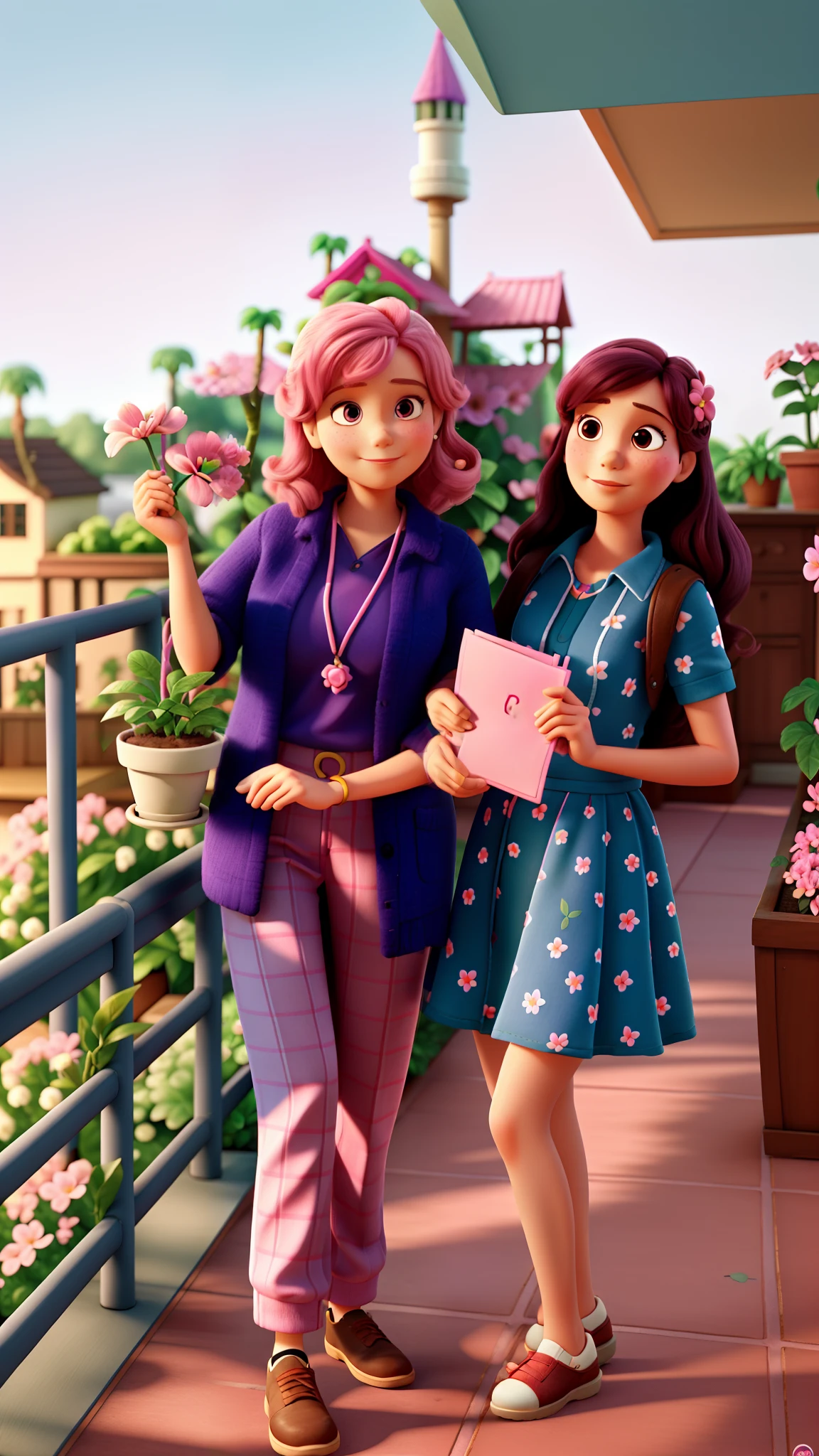 Mother with potted plant and daughter with letter in hand, The background is of a pink flower tree, pixar