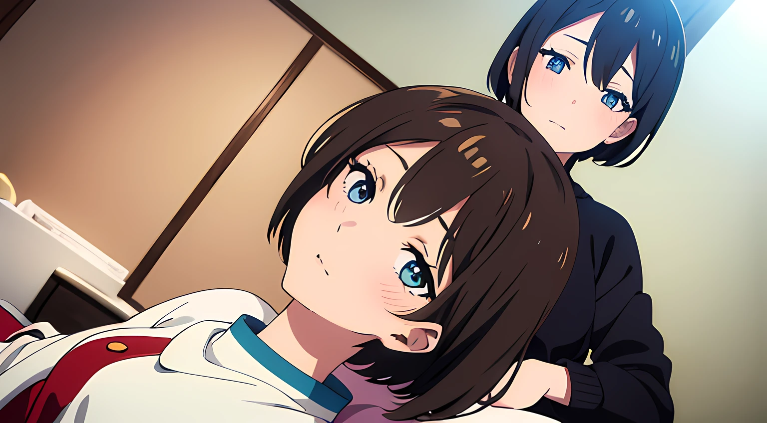 2 girls, (beautiful eyes finely detailed, short hair with different colors), wearing different outfit, sit on the bed, full body, teasing facial expression, looking at the camera, blush on their face, bedroom, master piece, sidelighting, top-quiality, detailed, High Resolution anime illustration