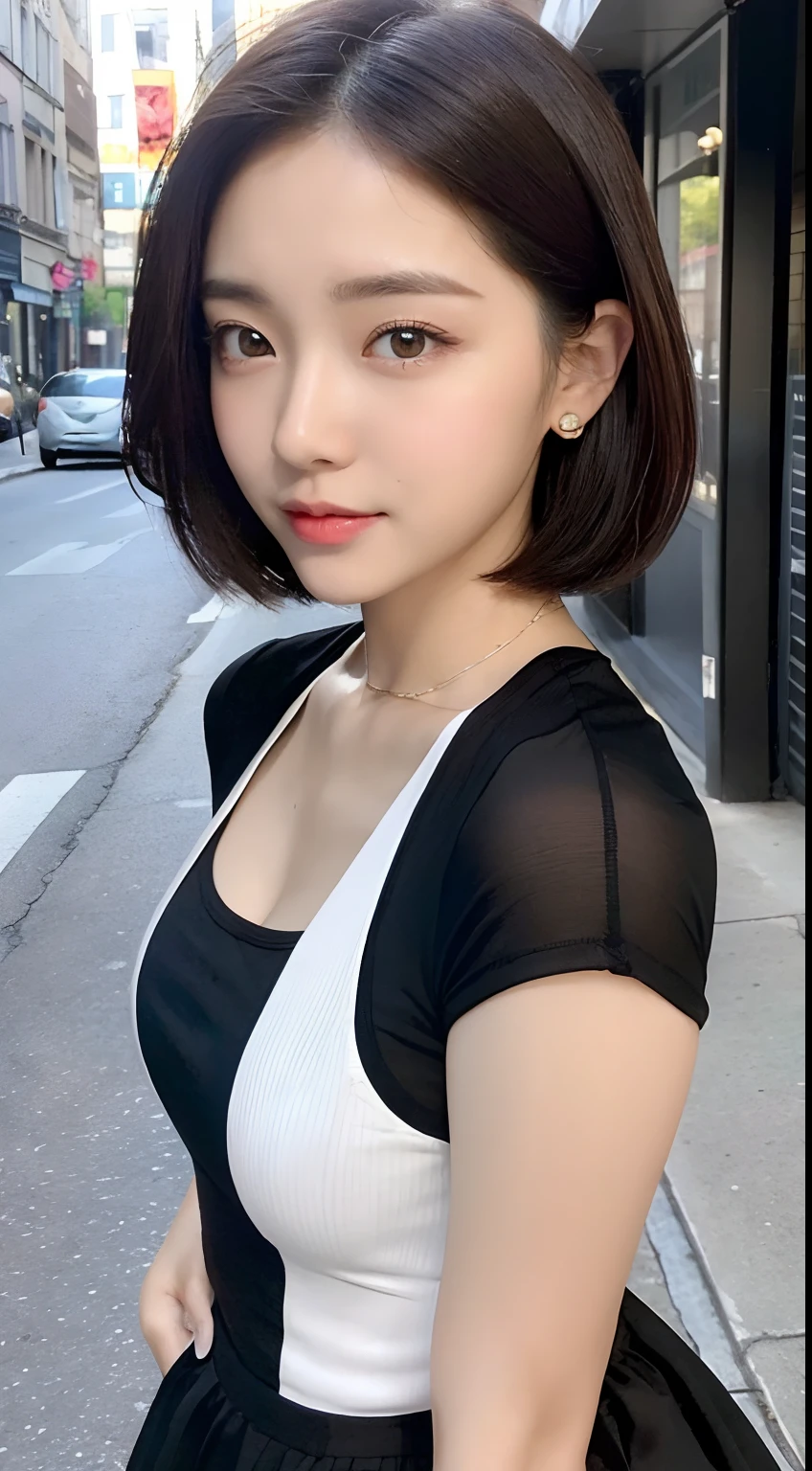 ((best qualtiy,8K,tmasterpiece:1.3)),Perfect beauty:1.4,glute:1.2,(Layered Hair Style:1.2)),(the street:1.3),Highly Detailed Face and Skin Textur,full bodyesbian,Elaborate Eyes,二重まぶた,Whitens the skin,Short wave hair,Cute Korean beauty(with a round face:1.5),(Black top,short skirt:1.6)ssmile