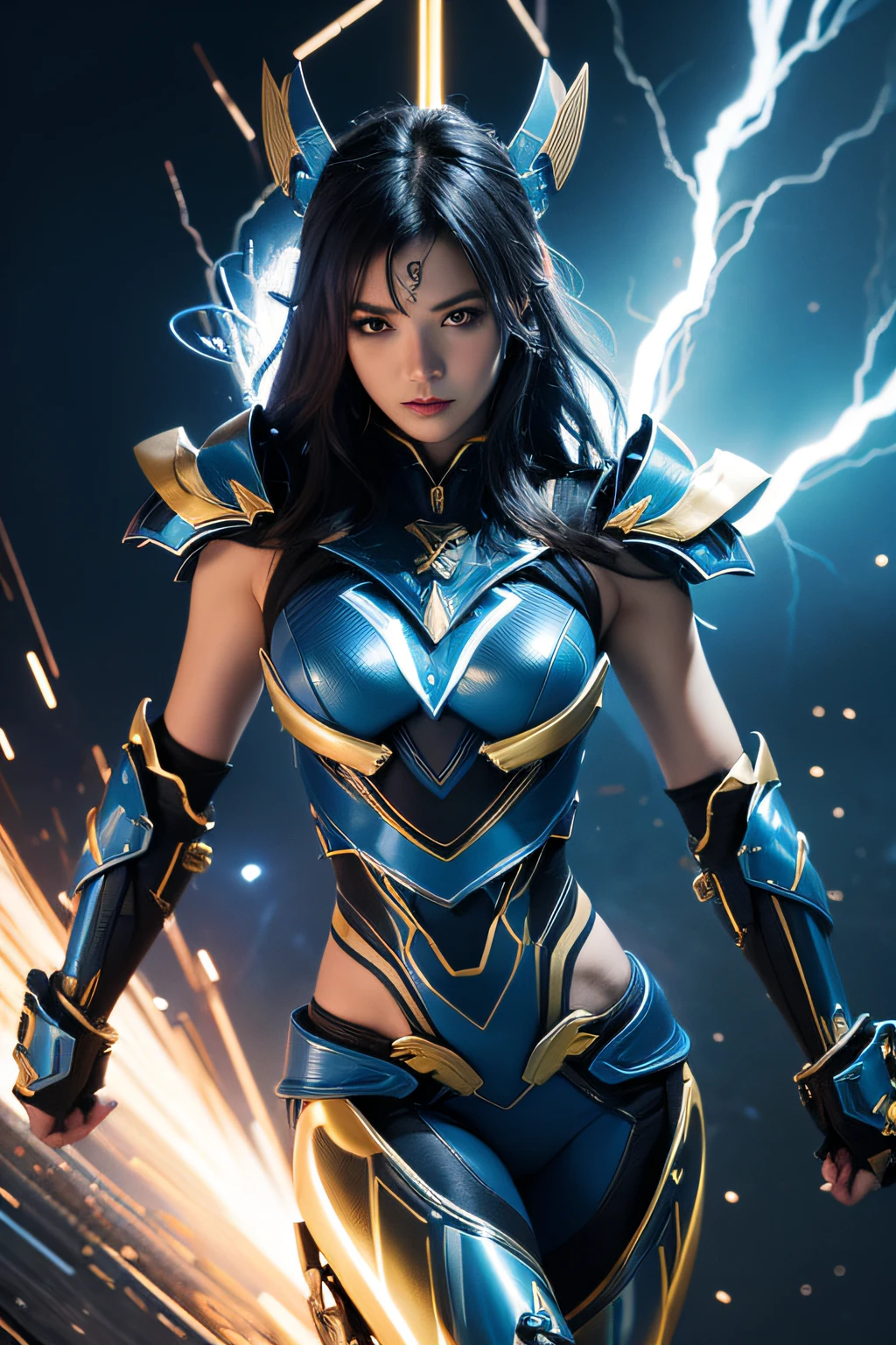 4K, masutepiece, hight resolution, absurderes,, Edge Thunderstruck, Woman in blue and gold armor ,Thunderstruck wearing the edge_armor, electrification, Wilding Thunder,