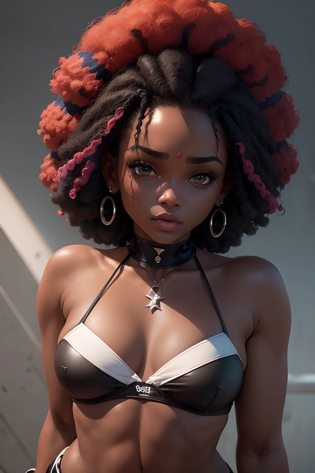 pele escura castanho preto 1.11, brilho finos na epidermi,cabelo branco 1.11, sombras 2D, olhos branco , mulher negra , afro americana 2D esbelta(( Slender Skin super dark as coal)) red bikini(( ela pintou cabelde uma cor amarelo afro )) (( brilho CG na epidermi ))