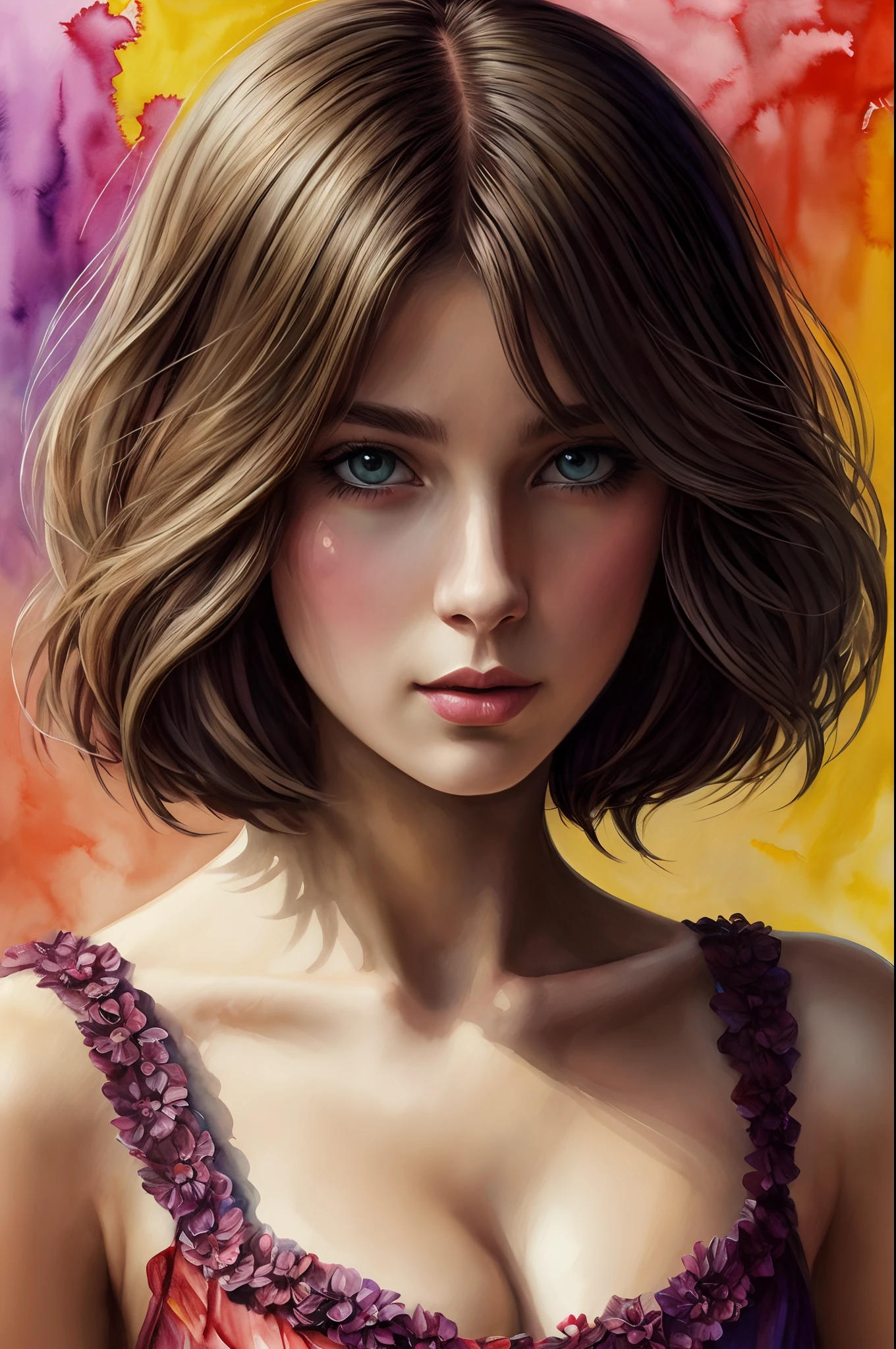 young 1girl, cute chaos bob, baroque(art by Slawomir-Maniak), lush watercolor palette canvas/acrylic, intricate, extreme detail, complex key, ((single shot)), ((best quality)), ((masterpiece)) , ( (realistic)), (ideal), 8k, impressionism: 0.2 full hd wallpaper