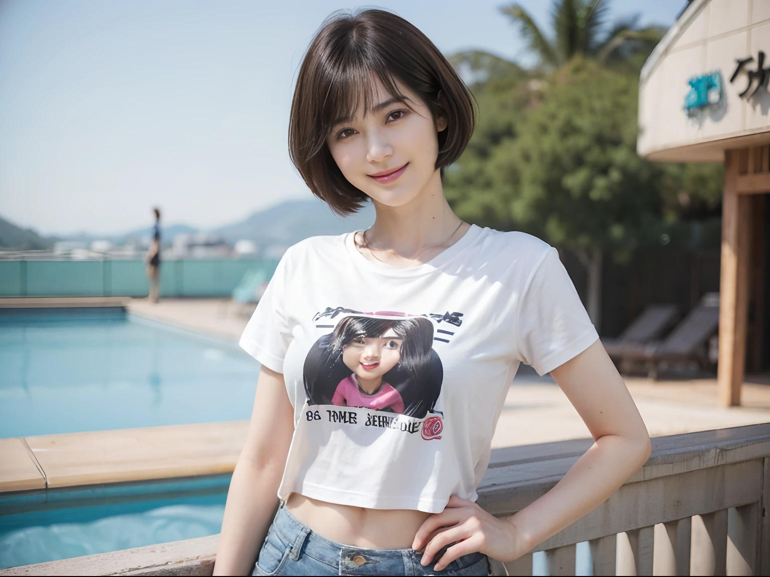 ((highest quality))、(masterpiece:1.4)、RAW Photos、8k、((Best image quality))、 ((High resolution))、Beautiful face in every detail、Realistic human skin、Gentle expression、(One Woman:1.3 )、Realistic、Photorealistic、(Short hair on the extra belly:1.4)、(Beautiful woman)、(Cute Japanese Girl)、(boyish:1.35)、((mannish))、((Beautiful woman))、(Beautiful Hair)、((Dark brown hair))、(((Red cheeks)))、((she has big eyes))、20 year old beauty、(She has a small face:1.7)、Small Head、((Long neck))、White skin、Immaculate skin、With bangs、Everyone longs for、Beautiful woman in Japan、eight-headed body、(((date)))、((she))、(necklace)、(Music Festival:1.4)、blue sky、looking at the camera、(Concert T-shirts)、smile、(Larger clothes:1.3)、Happy expression、