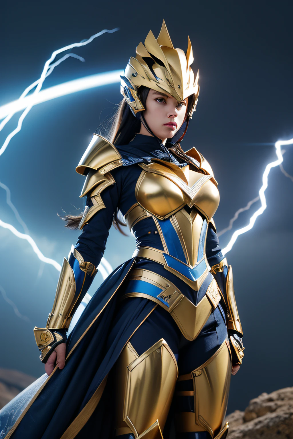 4K, masutepiece, hight resolution, absurderes,, Edge Thunderstruck, Woman in blue and gold armor ,Wearing an edge and a sanderstrack_armor, electrification, Wilding Thunder, Wearing a complex armor helmet、masterpiece, top-quality, hightquality, hight resolution,