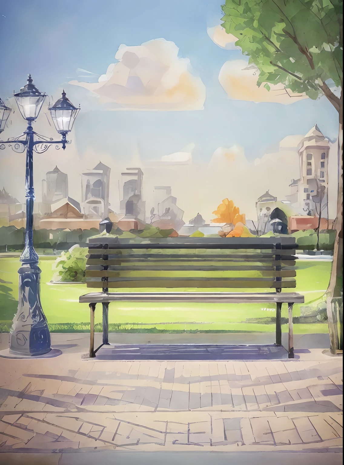 There is a bench and a lamppost in the center of the park, park background, with a park in the background, park in background, with a park in the background, Benches, in the city park, Parks and public spaces, sit on bench, Peaceful environment, random background scene, Against a picturesque backdrop, flat illustration, Serene surroundings, Sunny environment