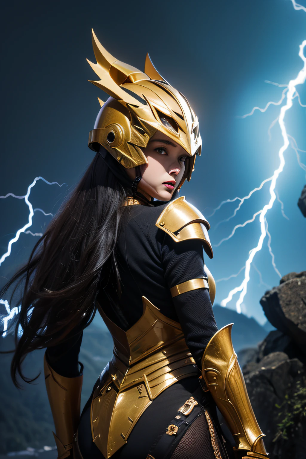 4K, masutepiece, hight resolution, absurderes,, Edge Thunderstruck, Woman in black and gold armor ,Wearing Edge and Thunder Tracks_armor, electrification, Wilding Thunder, Wearing an intricate armor helmet、​masterpiece, top-quality, hightquality, hight resolution,