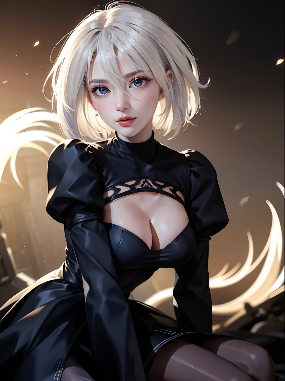 (Masterpiece:1.5), top quality, official art, super detailed, 1 Girl, 18 years old, elegant black dress, ruffled skirt, gloves, beautiful hair, bangs, white hair, short hair, blue eyes, beautiful eyes, eye highlights, beautiful skin, fresh skin, knee high boots, cinema like lighting, big tits, simple Black catsuit, Hair blowing in wind, White background, niji5, NieR, 2B