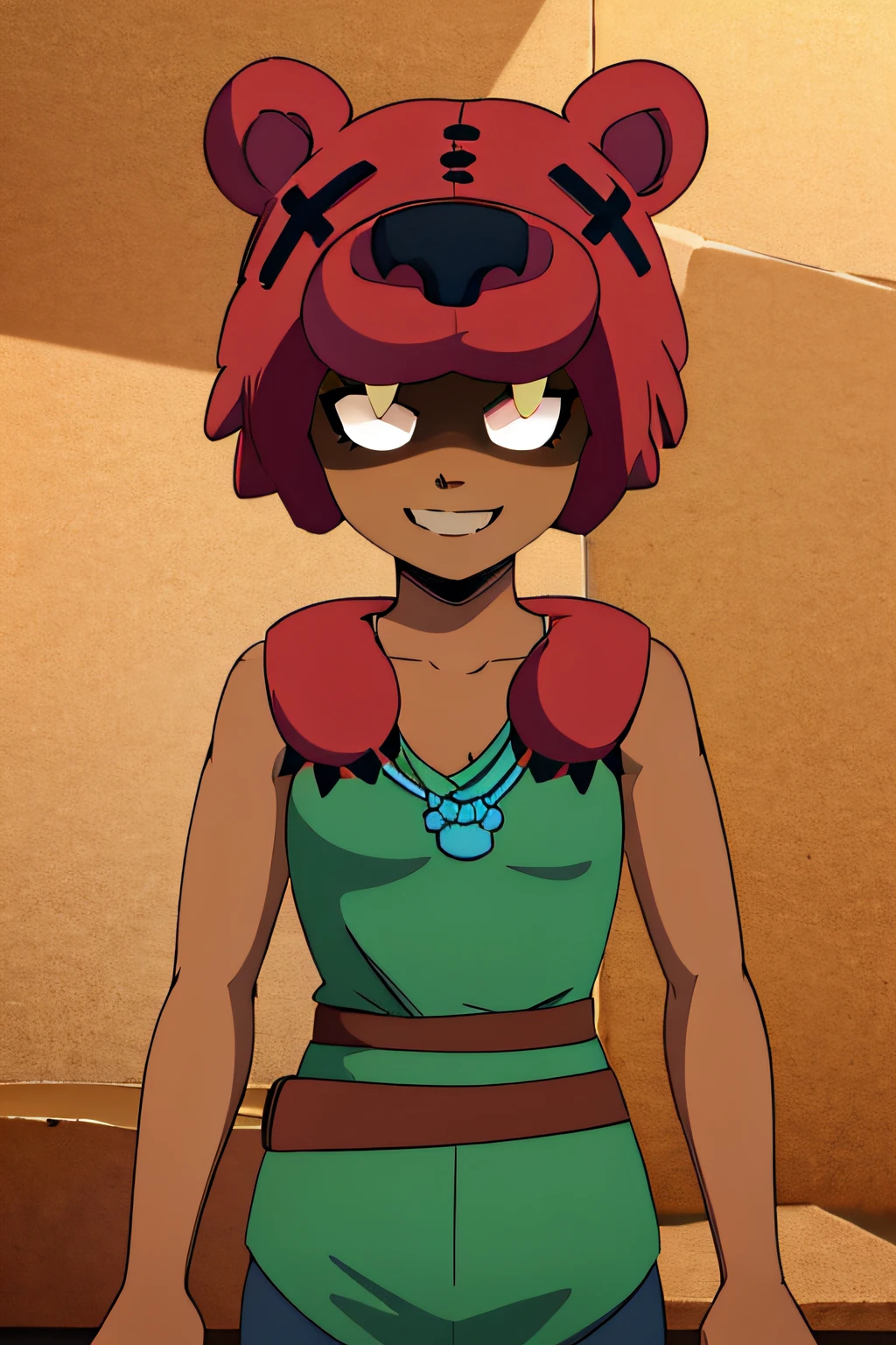 Female Earthbender Strong Mohawk feminine hair, crimson eyes, necklace with a rin, in his early 20s, some sand around his hand, medium tanned skin, focused trained eyes, large pants, wearing a winter coat.