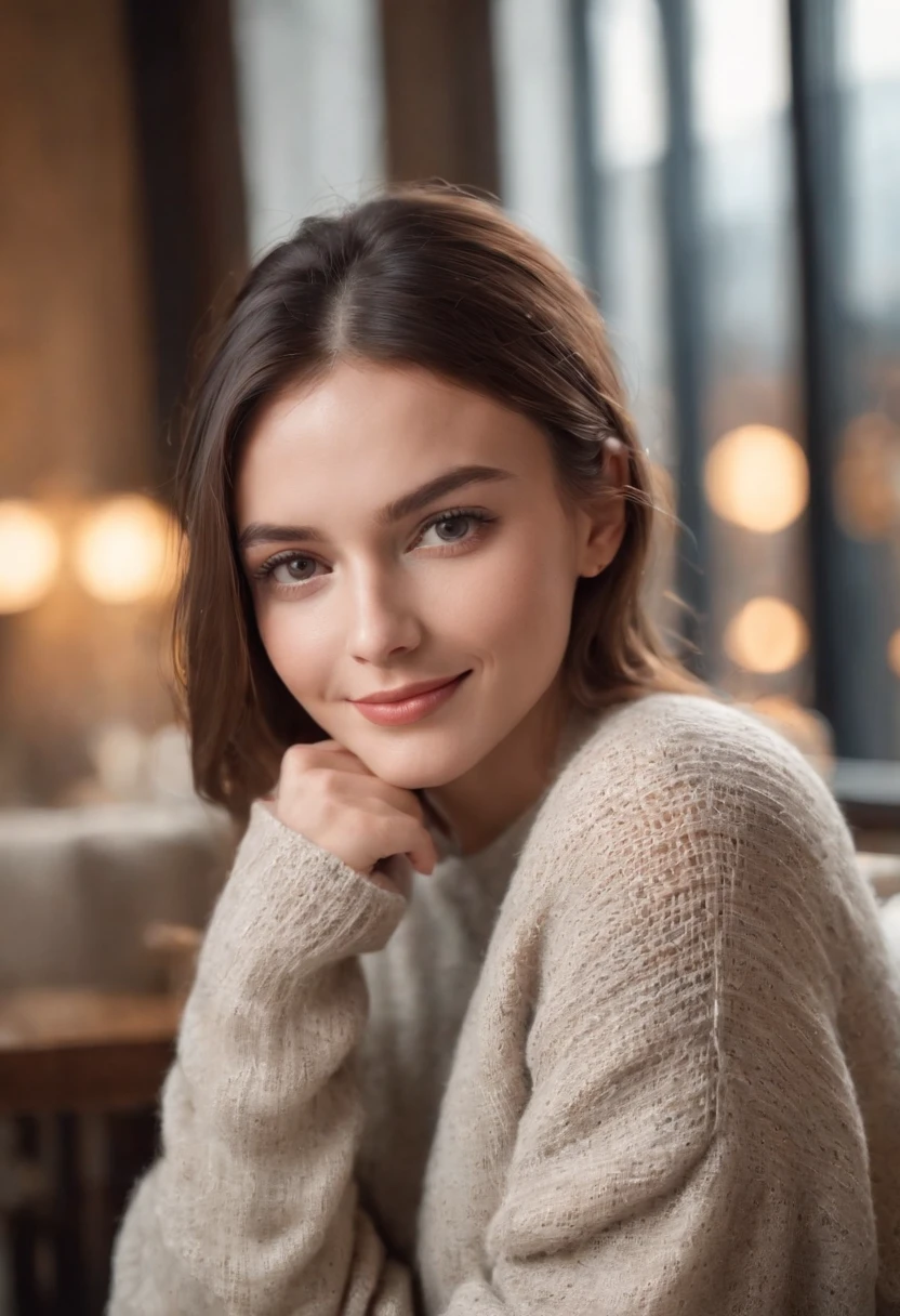 Beautiful woman wearing light grey long knit sweater covering her hands, One hand on your knee、He looks at the camera with his other hand under his chin and a smile, Wearing jeans, Sitting in a coffee shop, golden glow, Blurred background, Bokeh, 50mm 1.2, Smiles, Happy