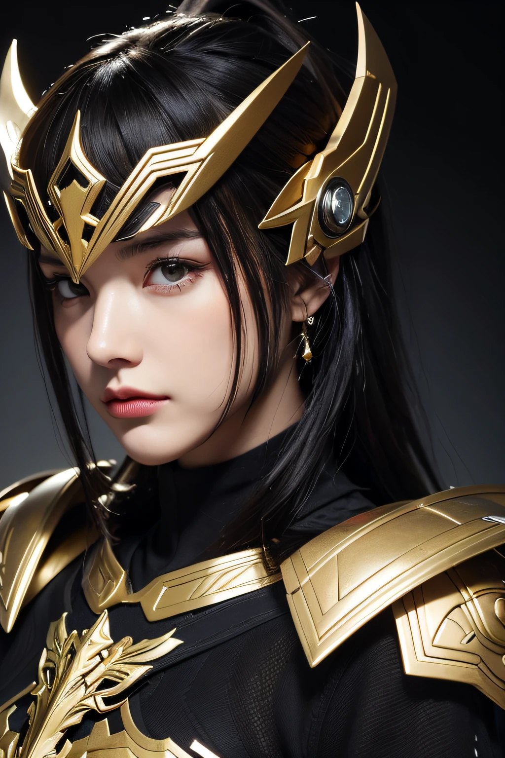4K, masutepiece, hight resolution, absurderes,, Edge Thunderstruck, Woman in black and gold armor ,Wearing Edge and Thunder Tracks_armor, electrification, Wilding Thunder, Wearing an intricate armor helmet、masterpiece, top-quality, hightquality, hight resolution, (facial close-up、