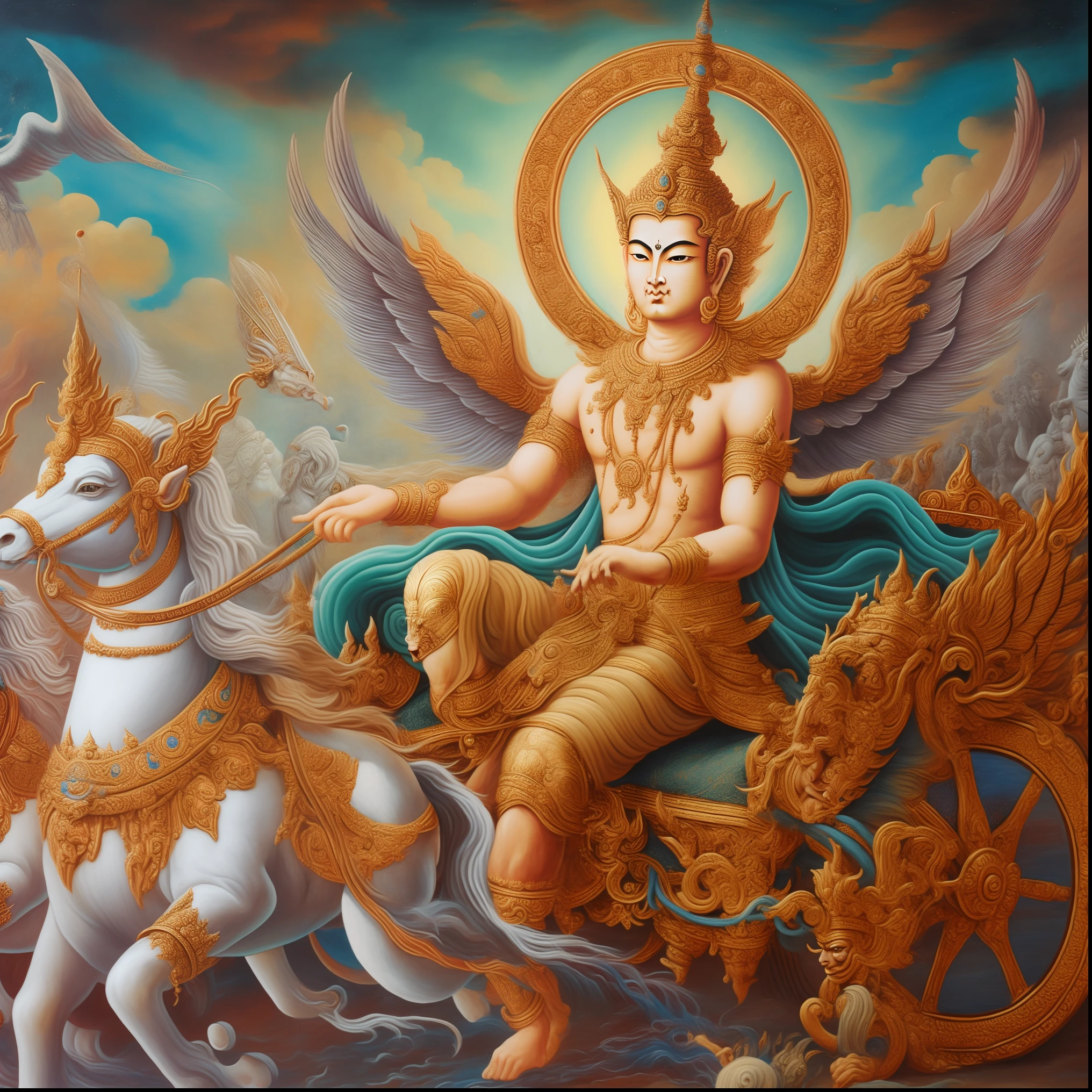 painting of a man riding a horse with a chariot and a horse, thailand art, attractive male deity, mythological painting, the god emperor of mankind, samsara, beautiful godrays, nivanh chanthara, chariot, beautiful image, god shiva the destroyer, vishnu, indian god, asura from chinese myth, the god of chaos, buddhist art