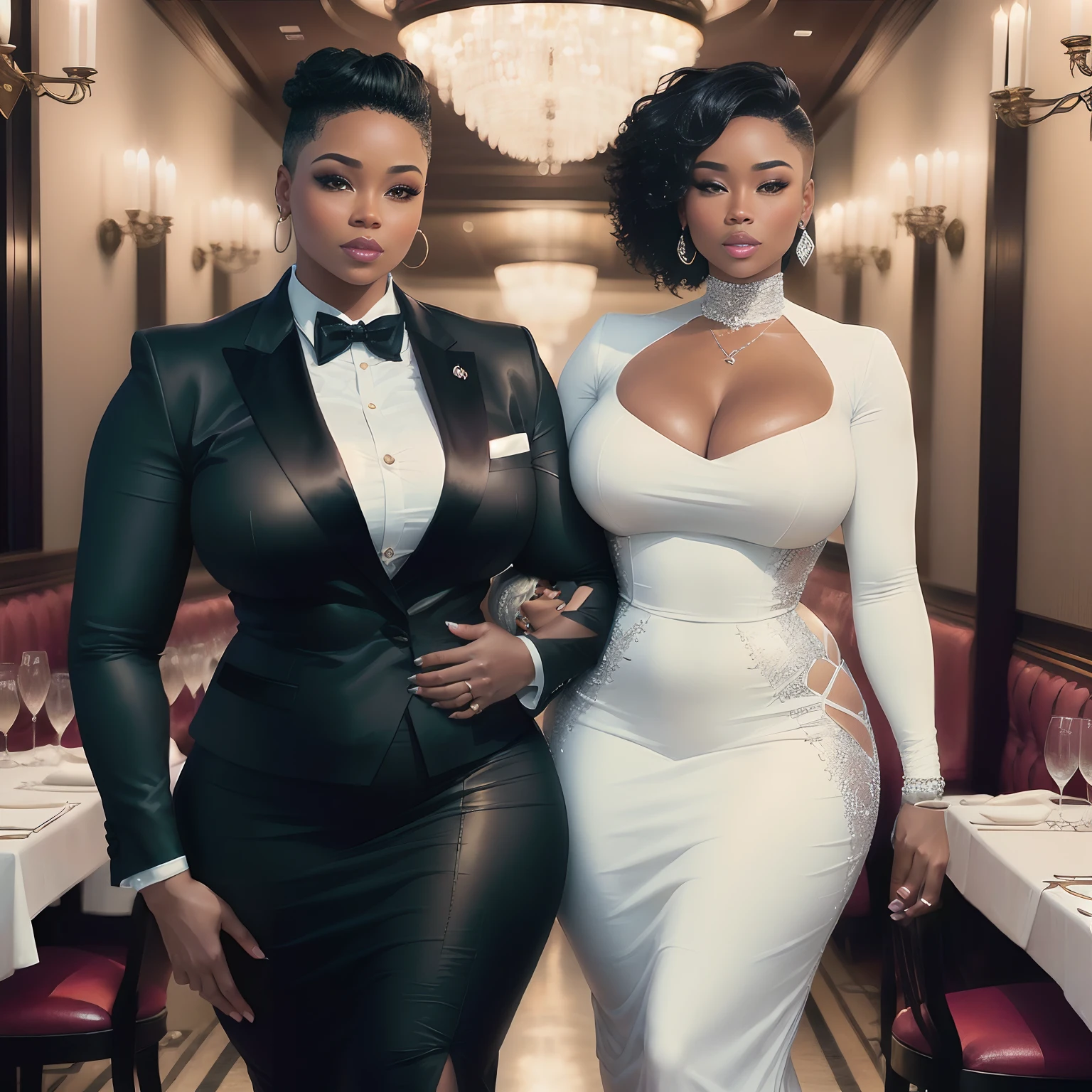 Curvy interracial lesbian couple in love, butch and femme at a wealthy restaurant dressed in luxury attire