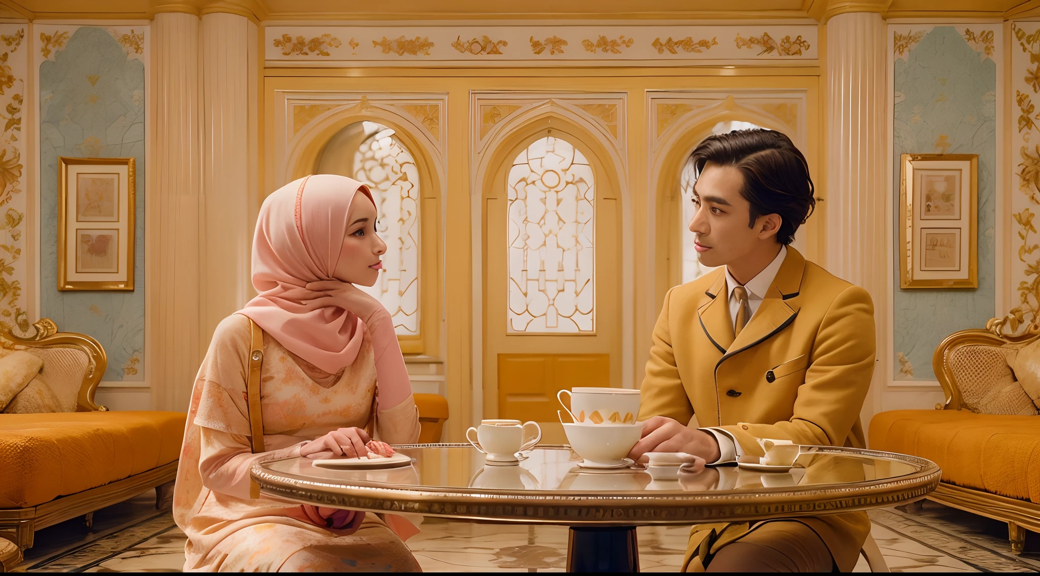 Embrace the whimsical charm of Wes Anderson's cinematic style. Frame a shot of a Malay girl in a beautifully patterned hijab and a Malay guy in a meticulously chosen outfit that reflects the hotel's quirky decor. Ensure the color palette is pastel and vivid. The two characters could be seated at a vintage table in a fictional 'Malaysian Grand Hotel.' Play with symmetry and centered composition to capture the essence of the iconic director's visual aesthetic in the style of Grand Budapest Hotel directed by Wes Anderson, style raw, pastel color grading, Super 8mm lense, Extreme close-up, Deep Focus cinematography effect, ultra detailed, high quality, 8k,