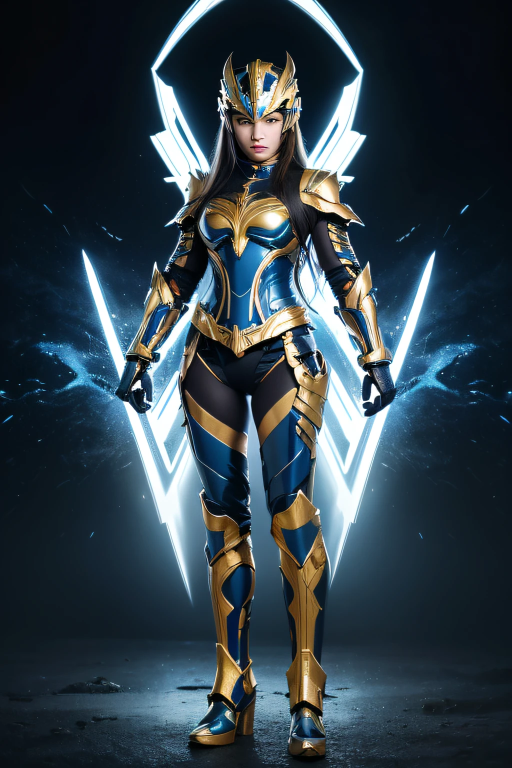 4K, masutepiece, hight resolution, absurderes,, Edge Thunderstruck, (Woman in full-body metal blue and gold armor) ,Wearing Edge and Thunder Tracks_armor, electrification, Wilding Thunder, Wearing an intricate armor helmet、​masterpiece, top-quality, hightquality, hight resolution,