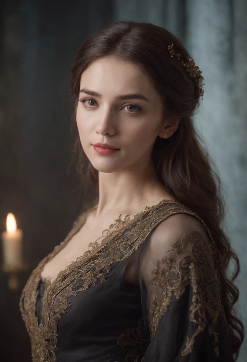 Cinematic portrait, ((upper body)), facing the audience, (Reality :1.3), the world's most beautiful artwork photo, a woman looking into the camera, Gothic costume, detailed beautiful face, action shot, (Intricate :1.4), simple background, global lighting, photorealistic, CG, Art Station