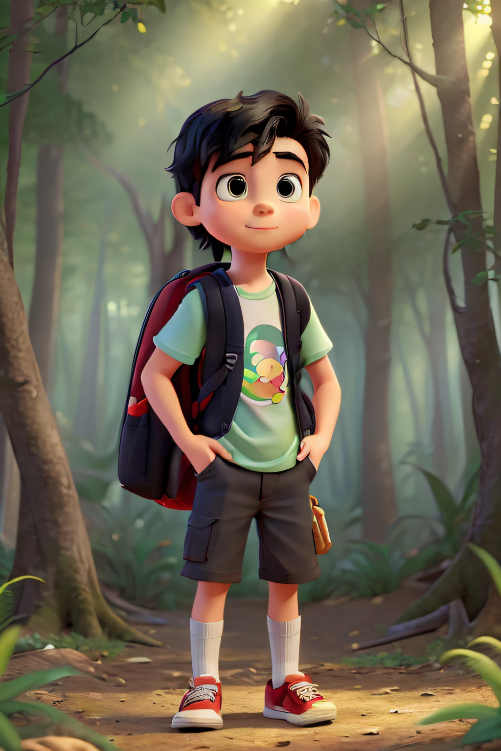 (best quality,highres,masterpiece:1.2)A boy in a T-shirt with a backpack in a densely overgrown forest. Cartoon character like Pixar. Sunny. The boy has black hair and red sneakers. Animation style. Comic. Like Disney. Like Pixar.