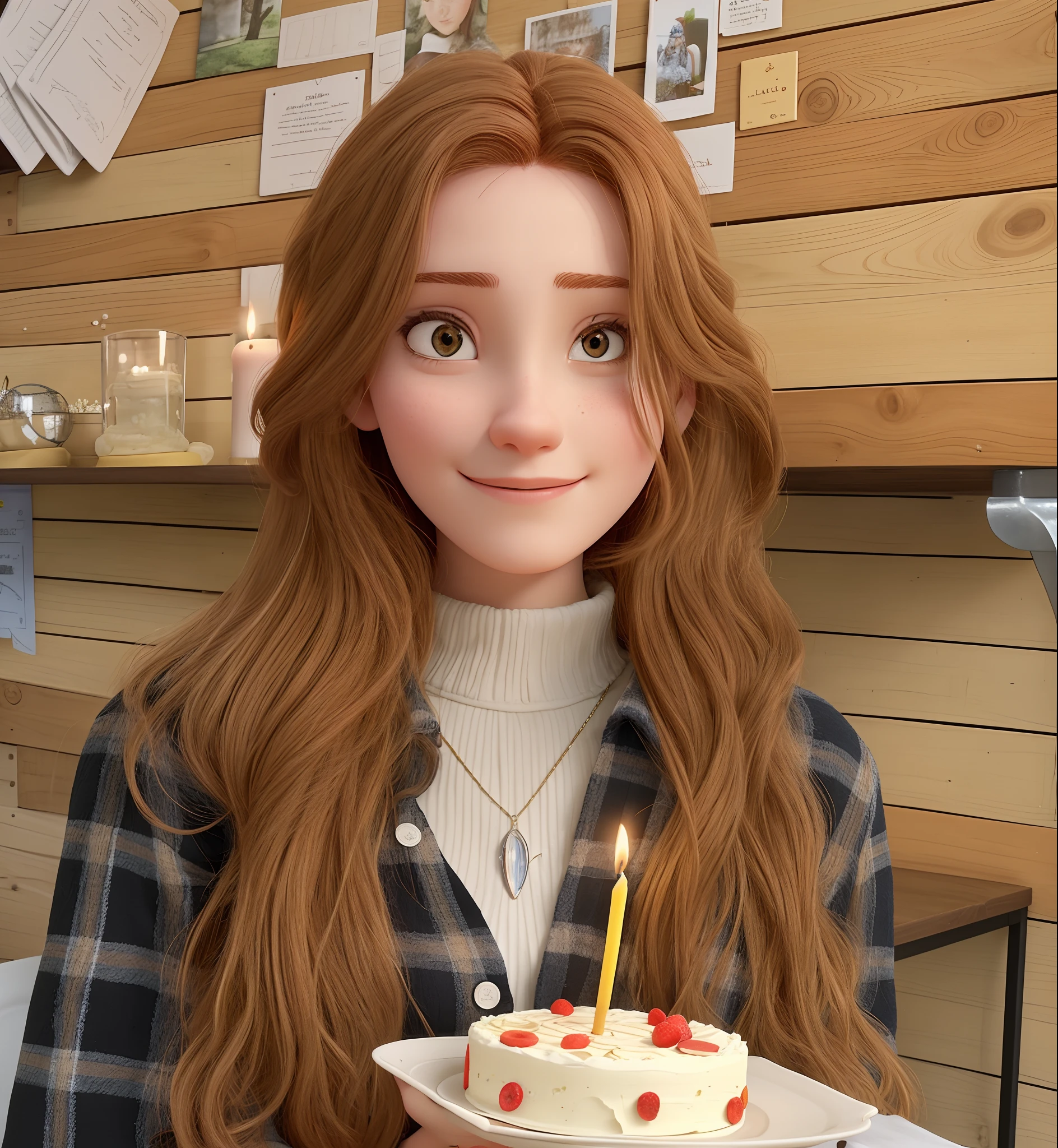 arafed woman holding a plate with a cake and a lit candle, anna nikonova aka newmilky, 18 years old, 19-year-old girl, 1 6 years old, yelena belova, she has long orange brown hair, sadie sink, with long hair and piercing eyes, 1 9 year old, she is about 20 years old